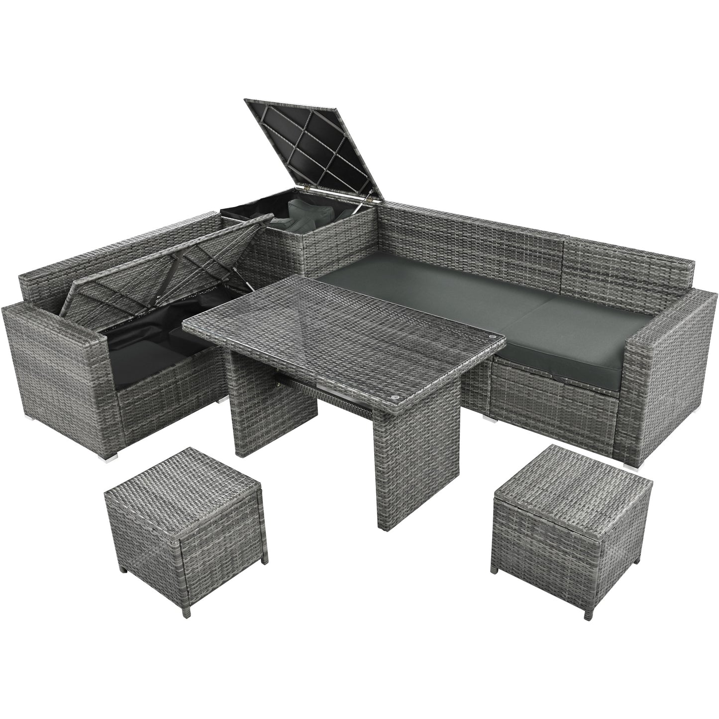 Outdoor 6-Piece All Weather PE Rattan Sofa Set; Garden Patio Wicker Sectional Furniture Set with Adjustable Seat; Storage Box; Removable Covers and Tempered Glass Top Table