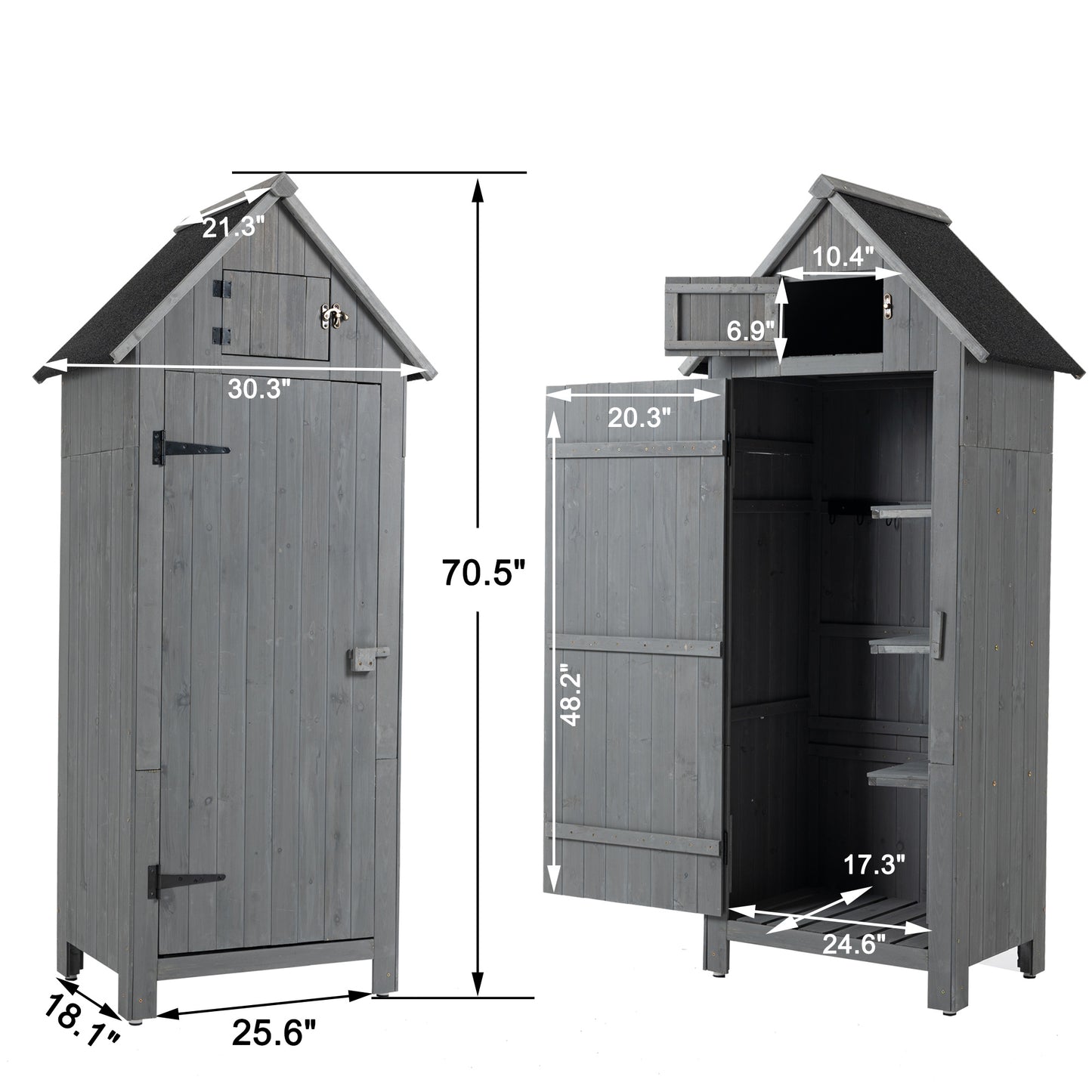 30.3"L X 21.3"W X 70.5"H Outdoor Storage Cabinet Tool Shed Wooden Garden Shed Gray