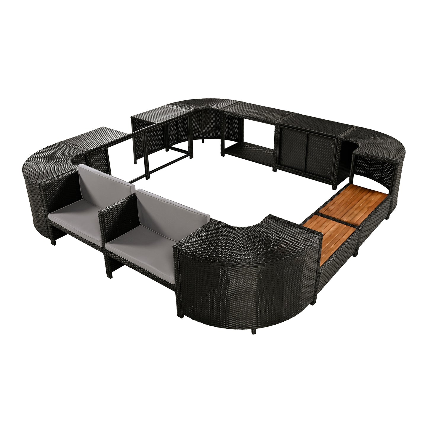 Spa Surround Spa Frame Quadrilateral Outdoor Rattan Sectional Sofa Set with Mini Sofa, Wooden Seats and Storage Spaces, Grey