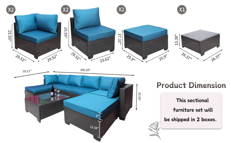 7 Pieces Outdoor Patio Sectional Sofa Couch, Silver Gray PE Wicker Furniture Conversation Sets with Washable Cushions & Glass Coffee Table for Garden, Poolside, Backyard