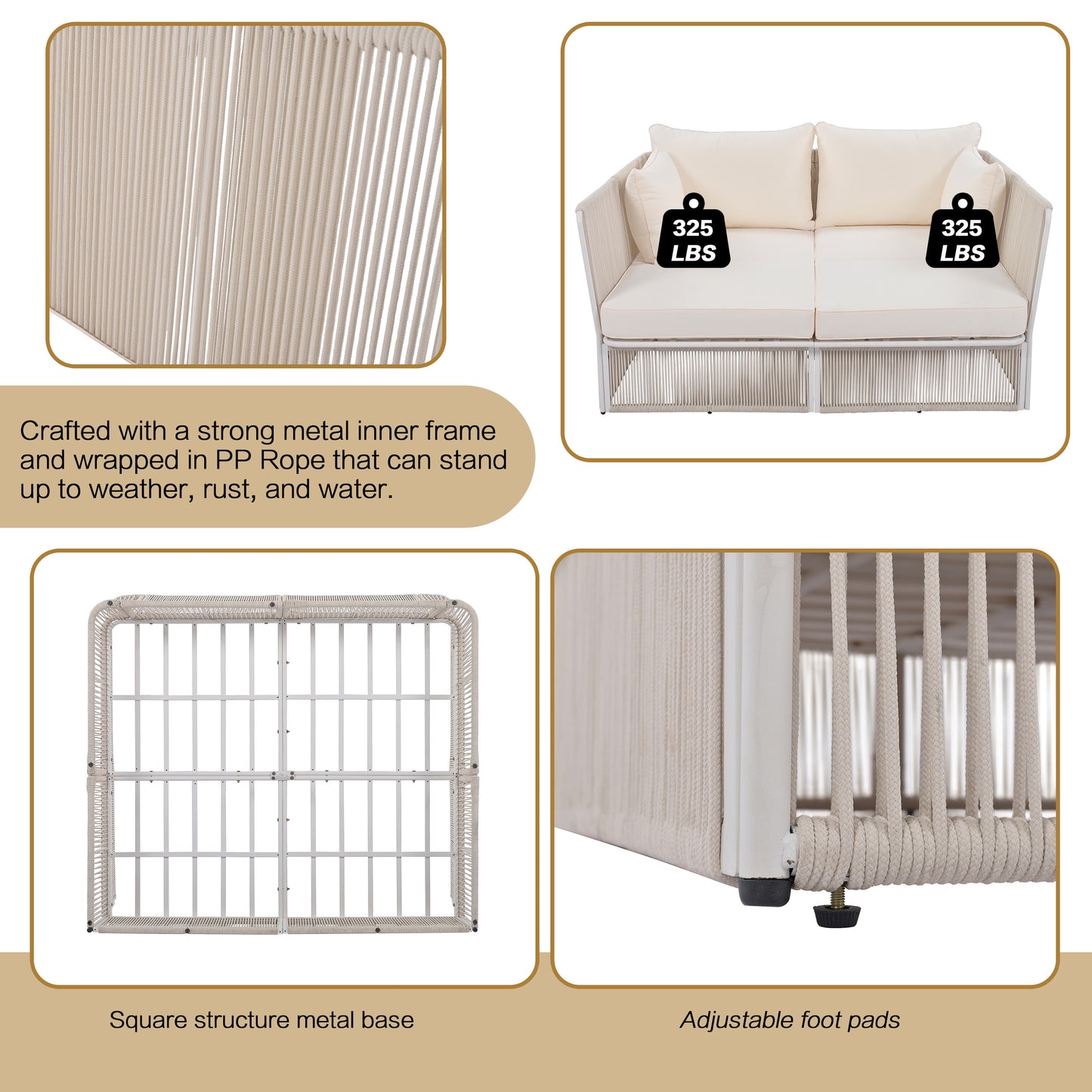 TREXM 2-Piece Outdoor Sunbed and Coffee Table Set, Patio Double Chaise Lounger Loveseat Daybed with Clear Tempered Glass Table for the patio, poolside (Beige Cushion + Natural Rope)