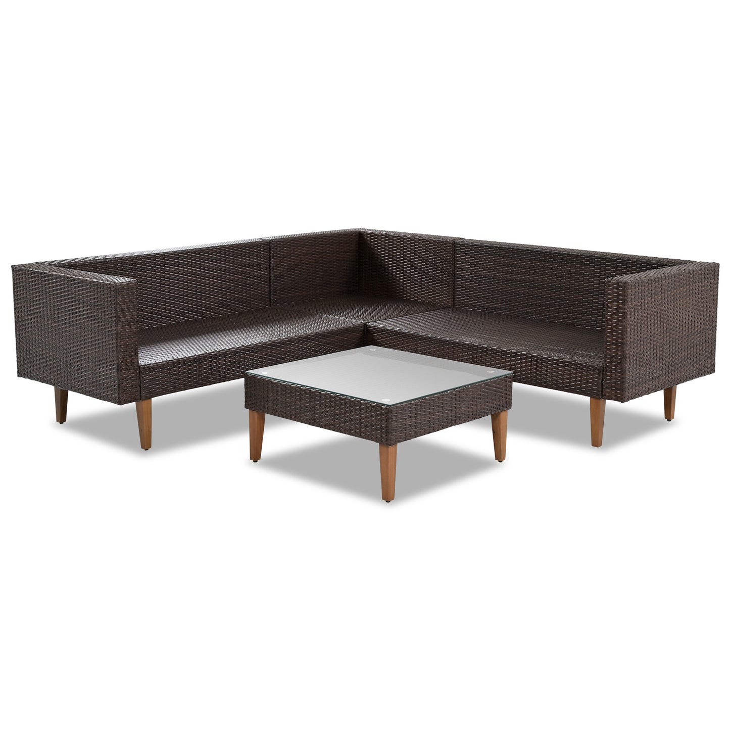 4-pieces Outdoor Wicker Sofa Set; Patio Furniture with Colorful Pillows; L-shape sofa set; Beige cushions and Brown Rattan