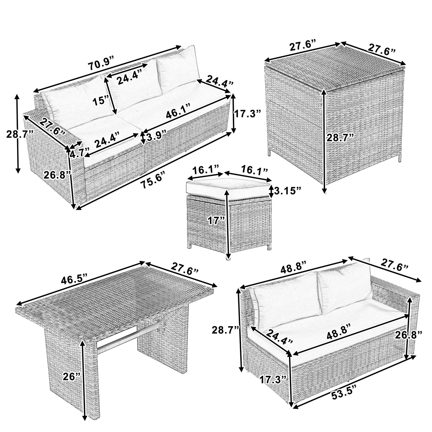 Outdoor 6-Piece All Weather PE Rattan Sofa Set; Garden Patio Wicker Sectional Furniture Set with Adjustable Seat; Storage Box; Removable Covers and Tempered Glass Top Table
