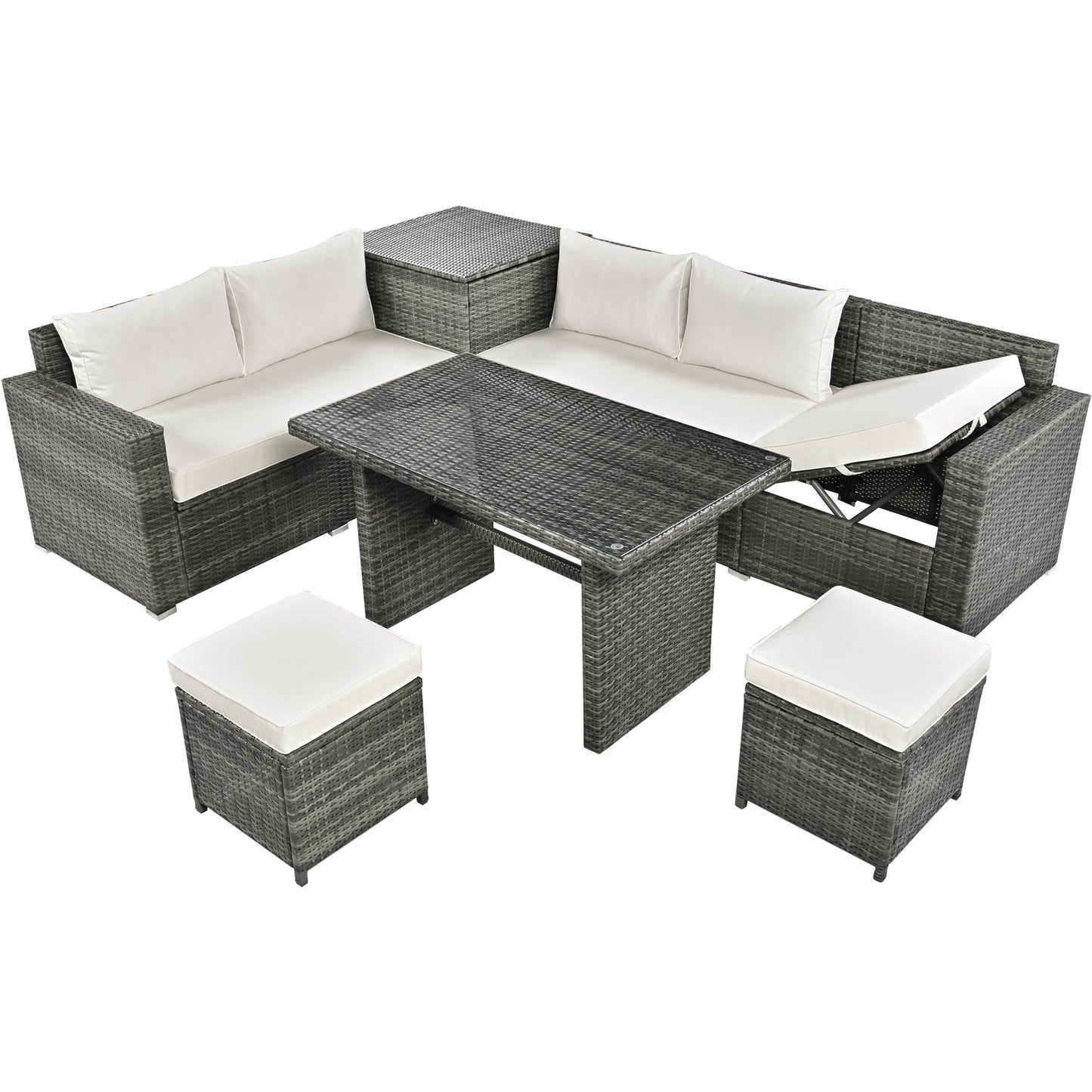 Outdoor 6-Piece All Weather PE Rattan Sofa Set; Garden Patio Wicker Sectional Furniture Set with Adjustable Seat; Storage Box; Removable Covers and Tempered Glass Top Table