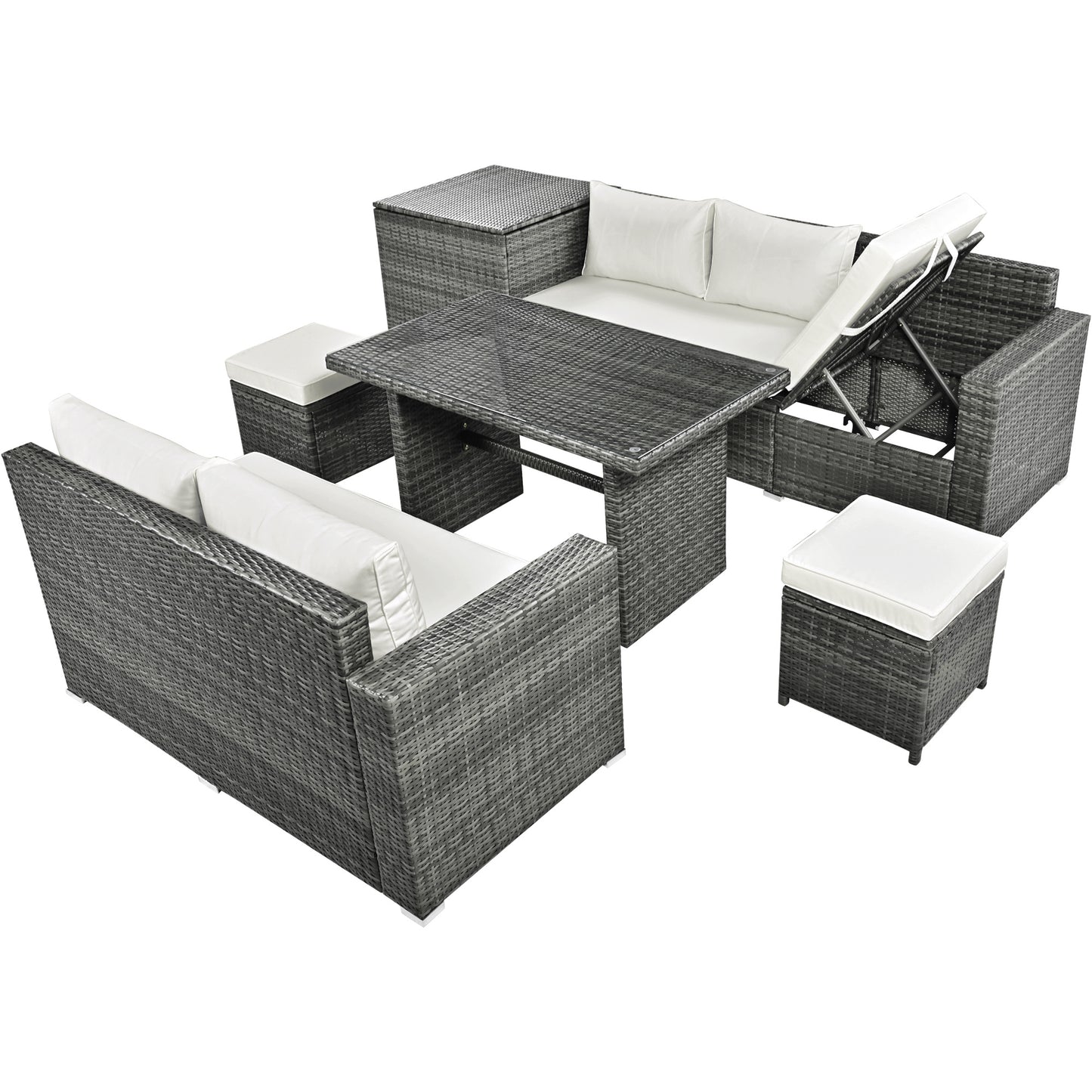Outdoor 6-Piece All Weather PE Rattan Sofa Set; Garden Patio Wicker Sectional Furniture Set with Adjustable Seat; Storage Box; Removable Covers and Tempered Glass Top Table