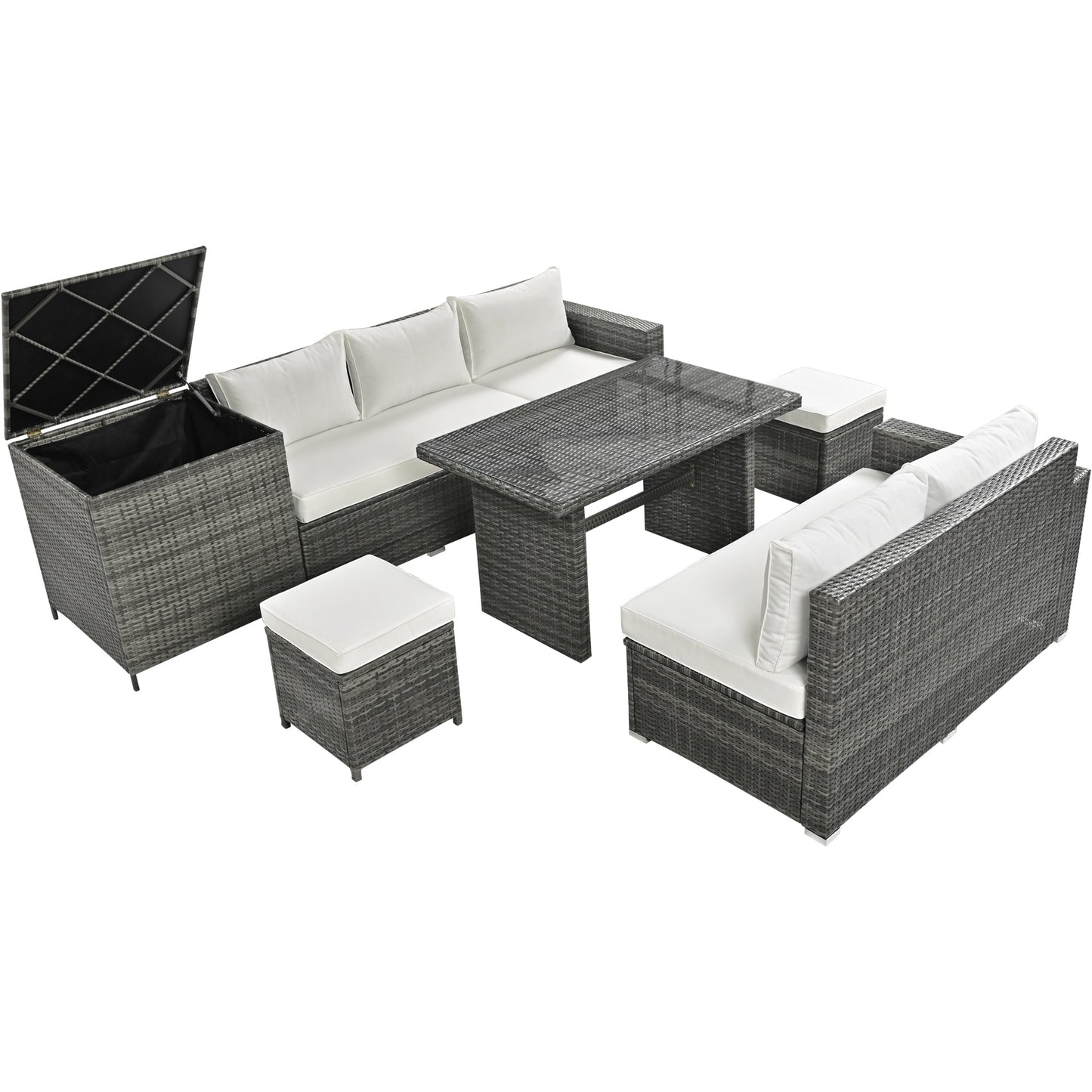 Outdoor 6-Piece All Weather PE Rattan Sofa Set; Garden Patio Wicker Sectional Furniture Set with Adjustable Seat; Storage Box; Removable Covers and Tempered Glass Top Table
