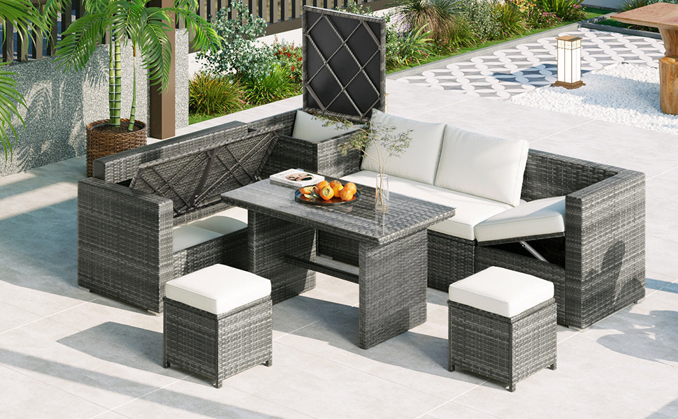 Outdoor 6-Piece All Weather PE Rattan Sofa Set; Garden Patio Wicker Sectional Furniture Set with Adjustable Seat; Storage Box; Removable Covers and Tempered Glass Top Table
