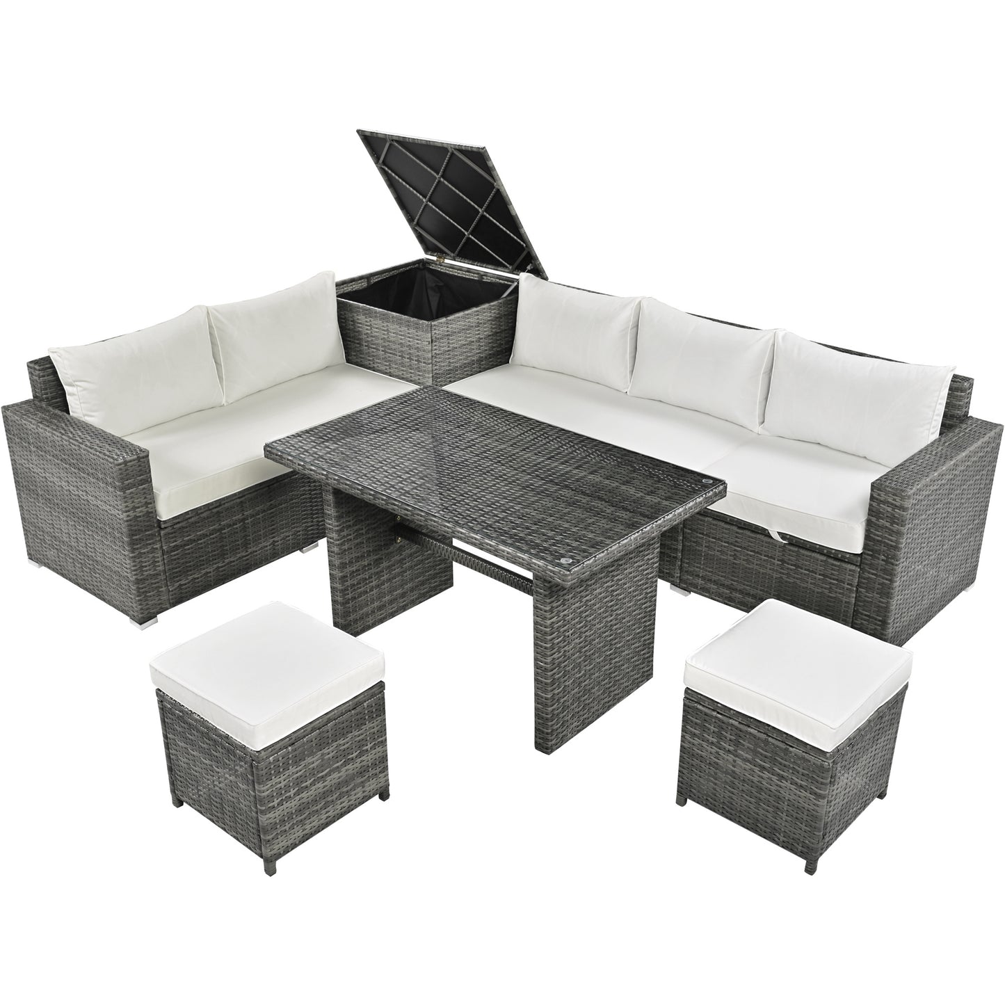 Outdoor 6-Piece All Weather PE Rattan Sofa Set; Garden Patio Wicker Sectional Furniture Set with Adjustable Seat; Storage Box; Removable Covers and Tempered Glass Top Table