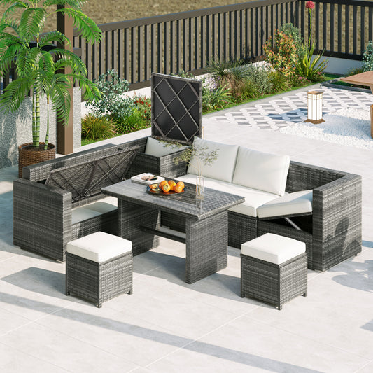 Outdoor 6-Piece All Weather PE Rattan Sofa Set; Garden Patio Wicker Sectional Furniture Set with Adjustable Seat; Storage Box; Removable Covers and Tempered Glass Top Table