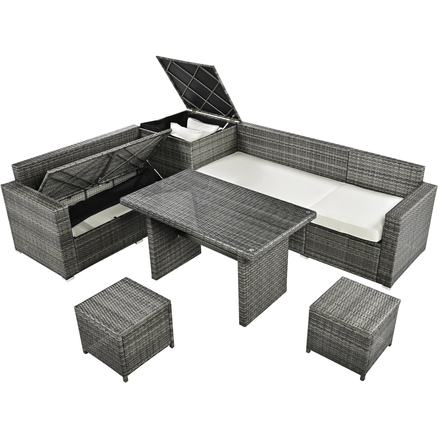 Outdoor 6-Piece All Weather PE Rattan Sofa Set; Garden Patio Wicker Sectional Furniture Set with Adjustable Seat; Storage Box; Removable Covers and Tempered Glass Top Table