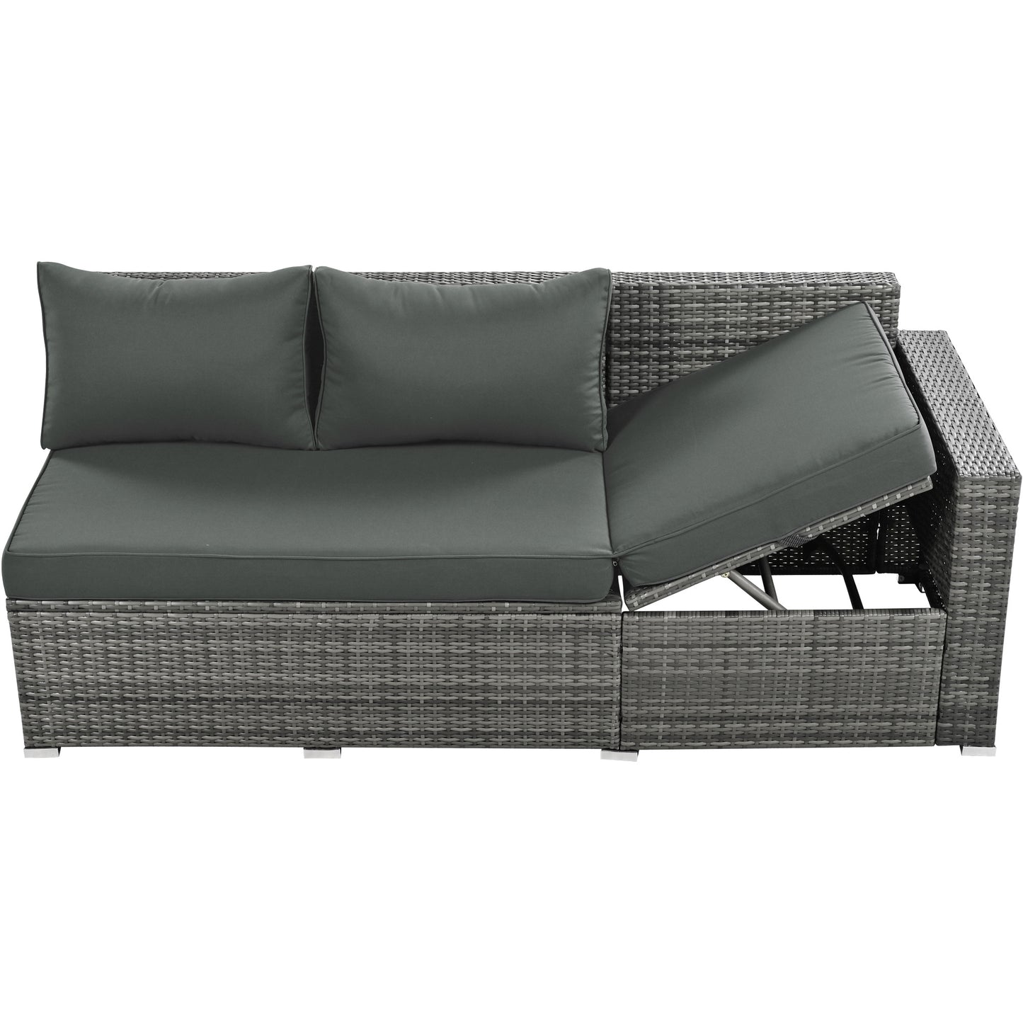 Outdoor 6-Piece All Weather PE Rattan Sofa Set; Garden Patio Wicker Sectional Furniture Set with Adjustable Seat; Storage Box; Removable Covers and Tempered Glass Top Table