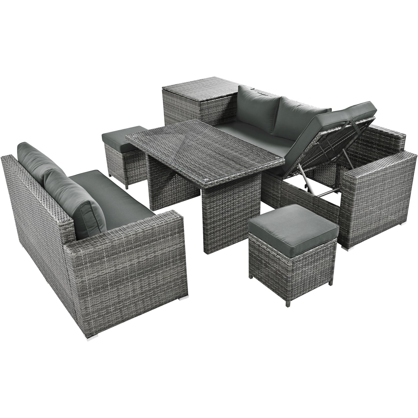 Outdoor 6-Piece All Weather PE Rattan Sofa Set; Garden Patio Wicker Sectional Furniture Set with Adjustable Seat; Storage Box; Removable Covers and Tempered Glass Top Table