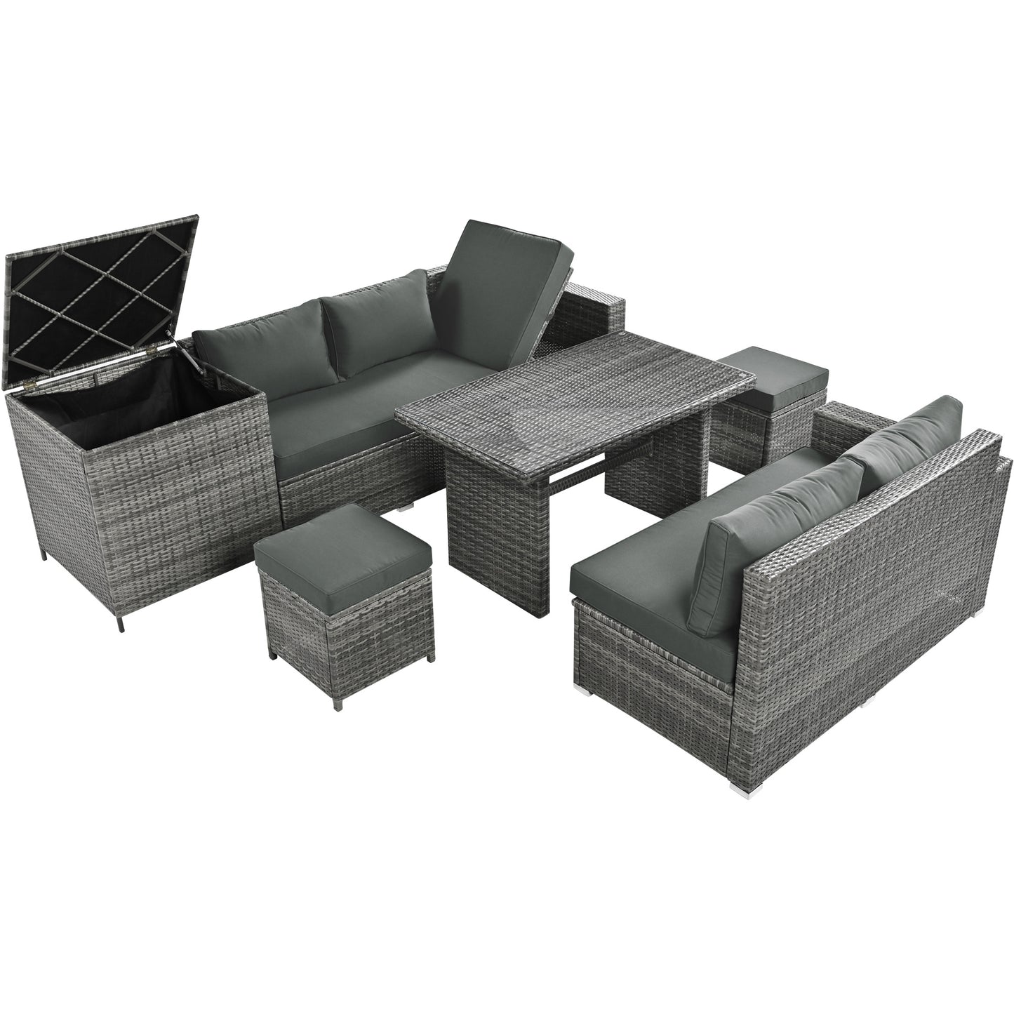 Outdoor 6-Piece All Weather PE Rattan Sofa Set; Garden Patio Wicker Sectional Furniture Set with Adjustable Seat; Storage Box; Removable Covers and Tempered Glass Top Table