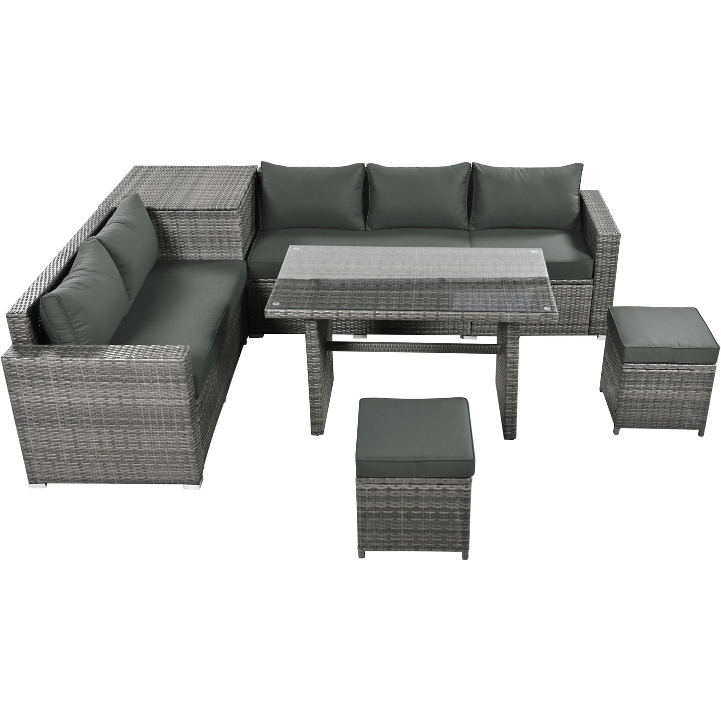 Outdoor 6-Piece All Weather PE Rattan Sofa Set; Garden Patio Wicker Sectional Furniture Set with Adjustable Seat; Storage Box; Removable Covers and Tempered Glass Top Table