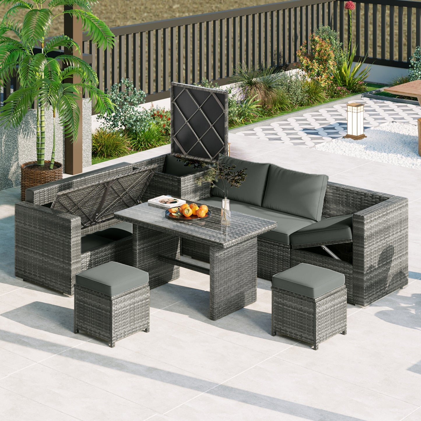 Outdoor 6-Piece All Weather PE Rattan Sofa Set; Garden Patio Wicker Sectional Furniture Set with Adjustable Seat; Storage Box; Removable Covers and Tempered Glass Top Table