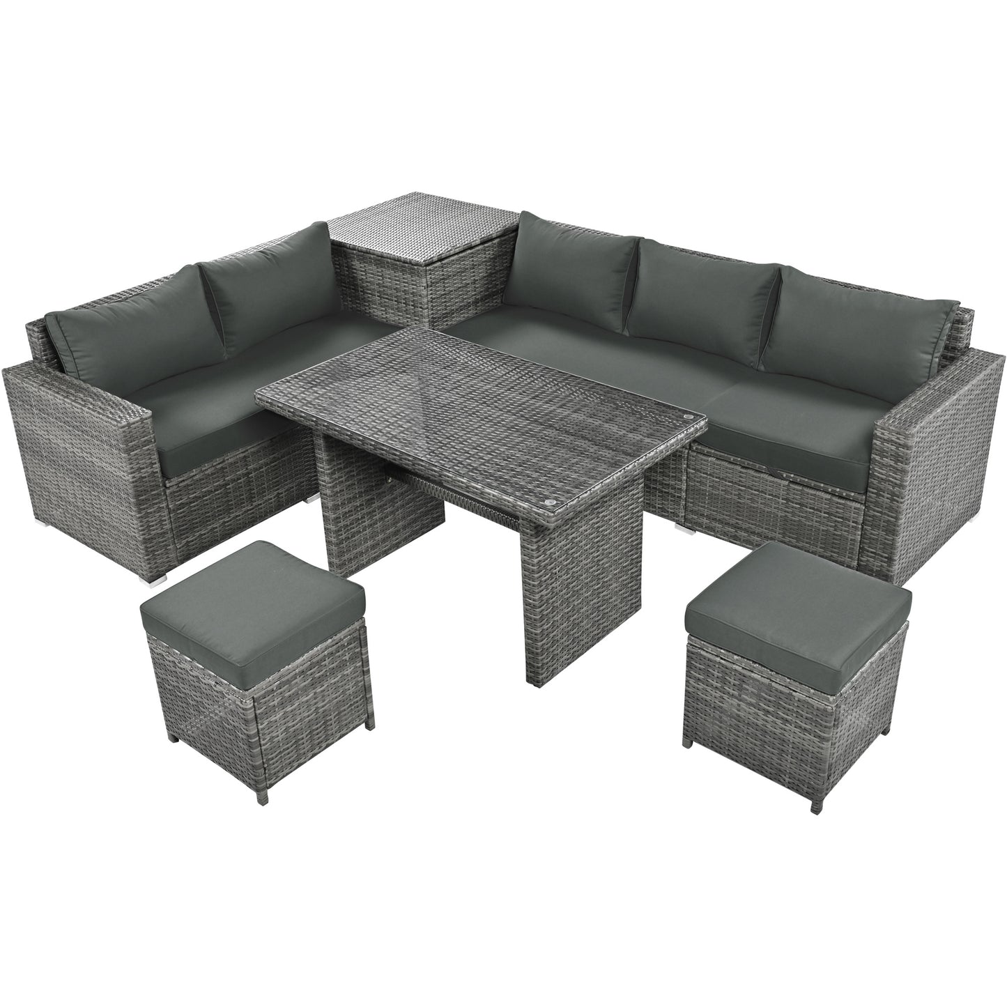 Outdoor 6-Piece All Weather PE Rattan Sofa Set; Garden Patio Wicker Sectional Furniture Set with Adjustable Seat; Storage Box; Removable Covers and Tempered Glass Top Table