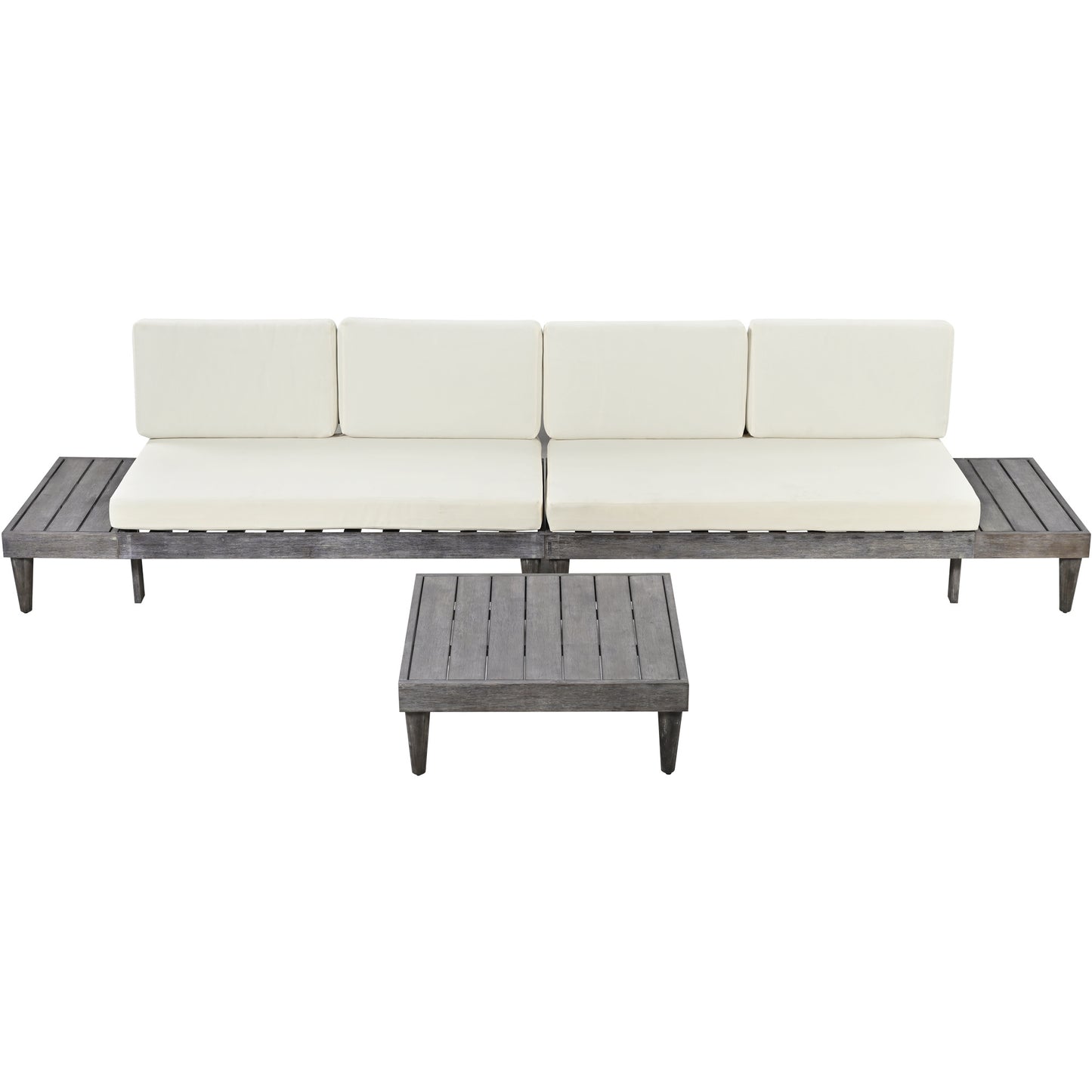 Outdoor 3-Piece Patio Furniture Set Solid Wood Sectional Sofa Set with Coffee Table Conversation Set with Side Table and Cushions; Grey+Beige