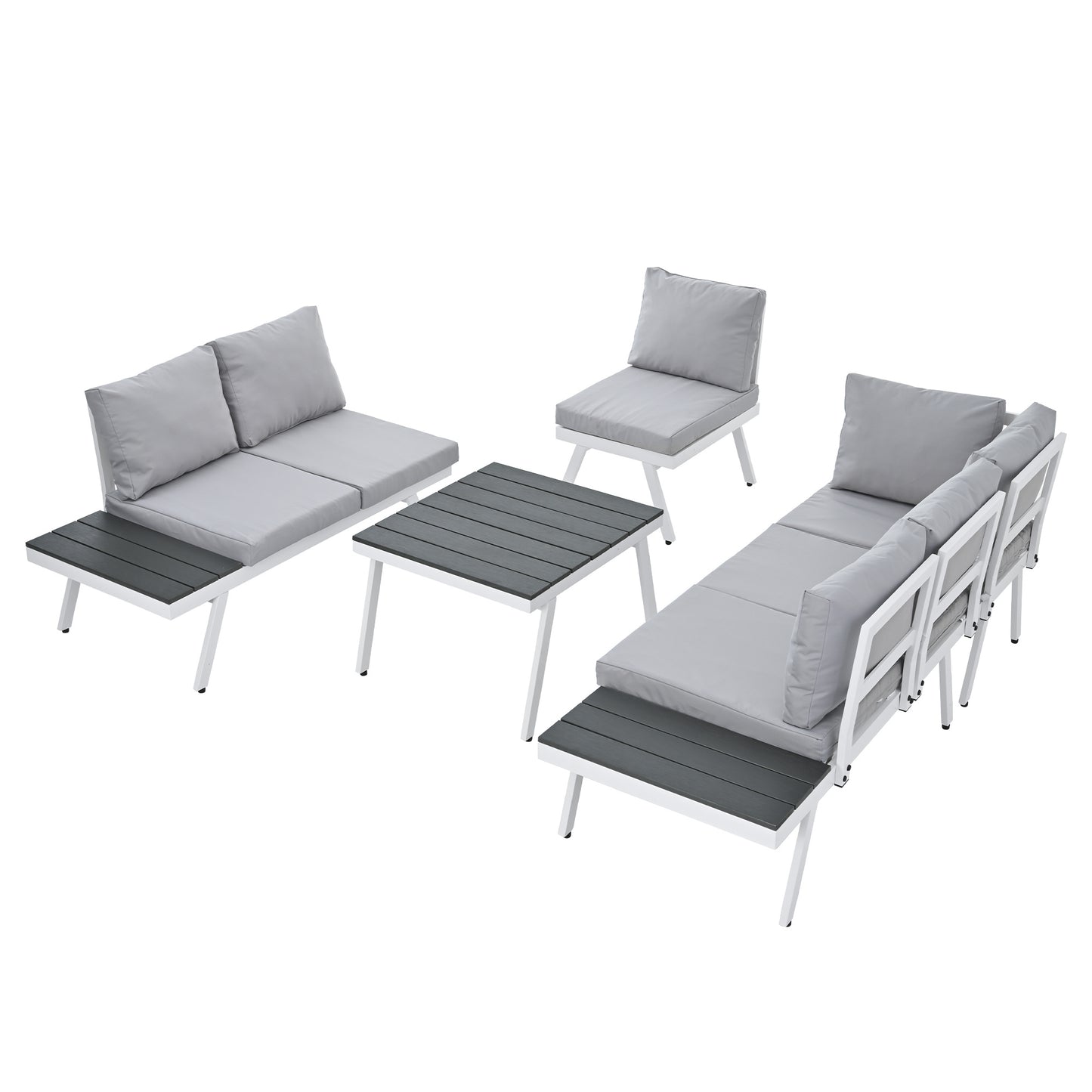 Industrial 5-Piece Aluminum Outdoor Patio Furniture Set; Modern Garden Sectional Sofa Set with End Tables; Coffee Table and Furniture Clips for Backyard; White+Grey