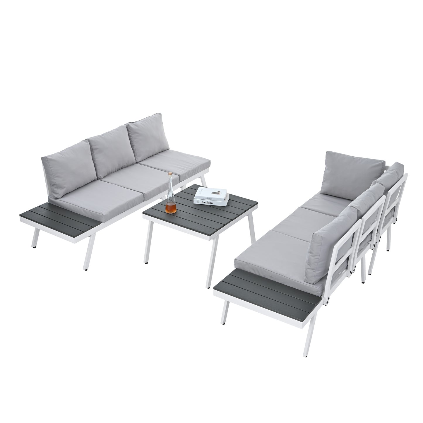 Industrial 5-Piece Aluminum Outdoor Patio Furniture Set; Modern Garden Sectional Sofa Set with End Tables; Coffee Table and Furniture Clips for Backyard; White+Grey