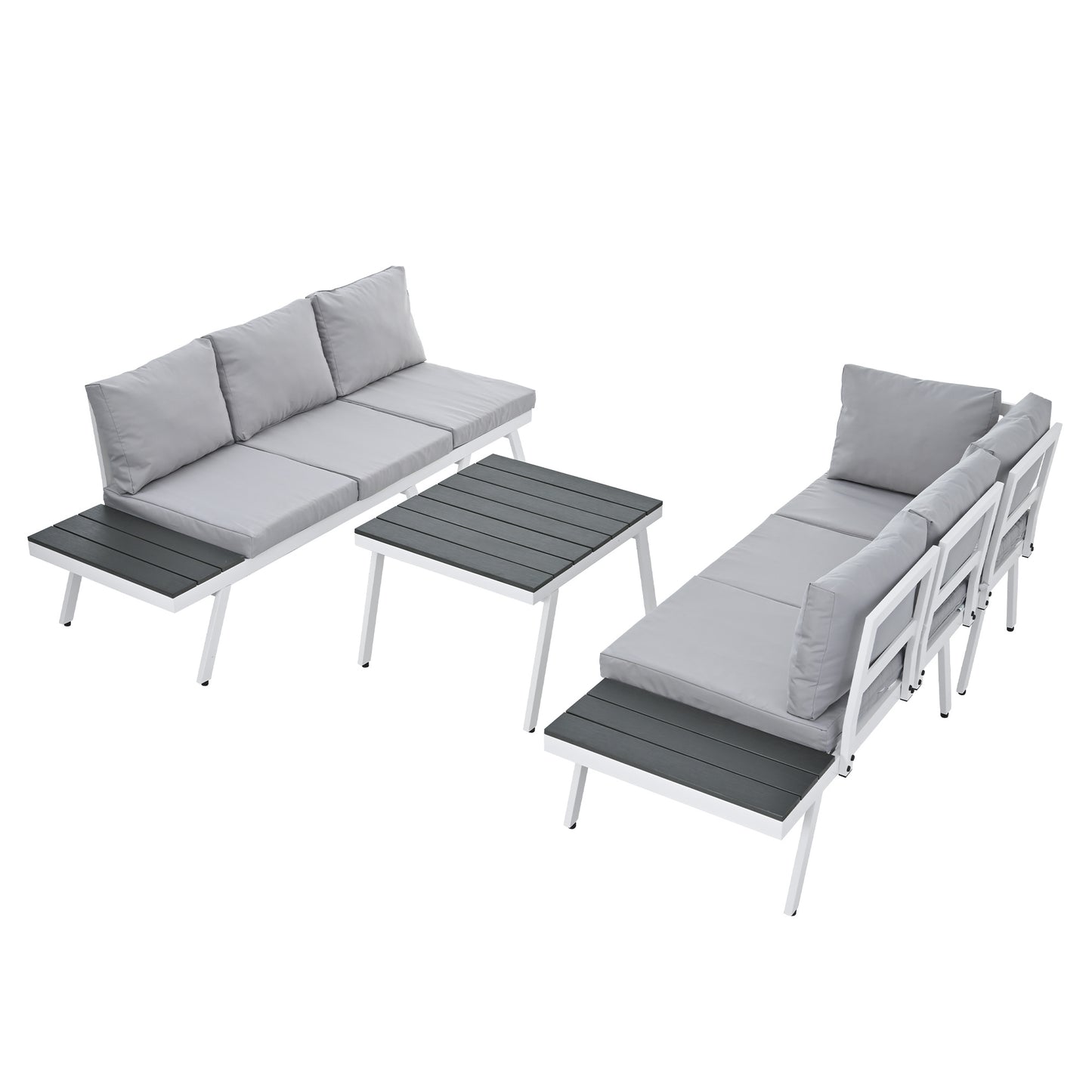 Industrial 5-Piece Aluminum Outdoor Patio Furniture Set; Modern Garden Sectional Sofa Set with End Tables; Coffee Table and Furniture Clips for Backyard; White+Grey