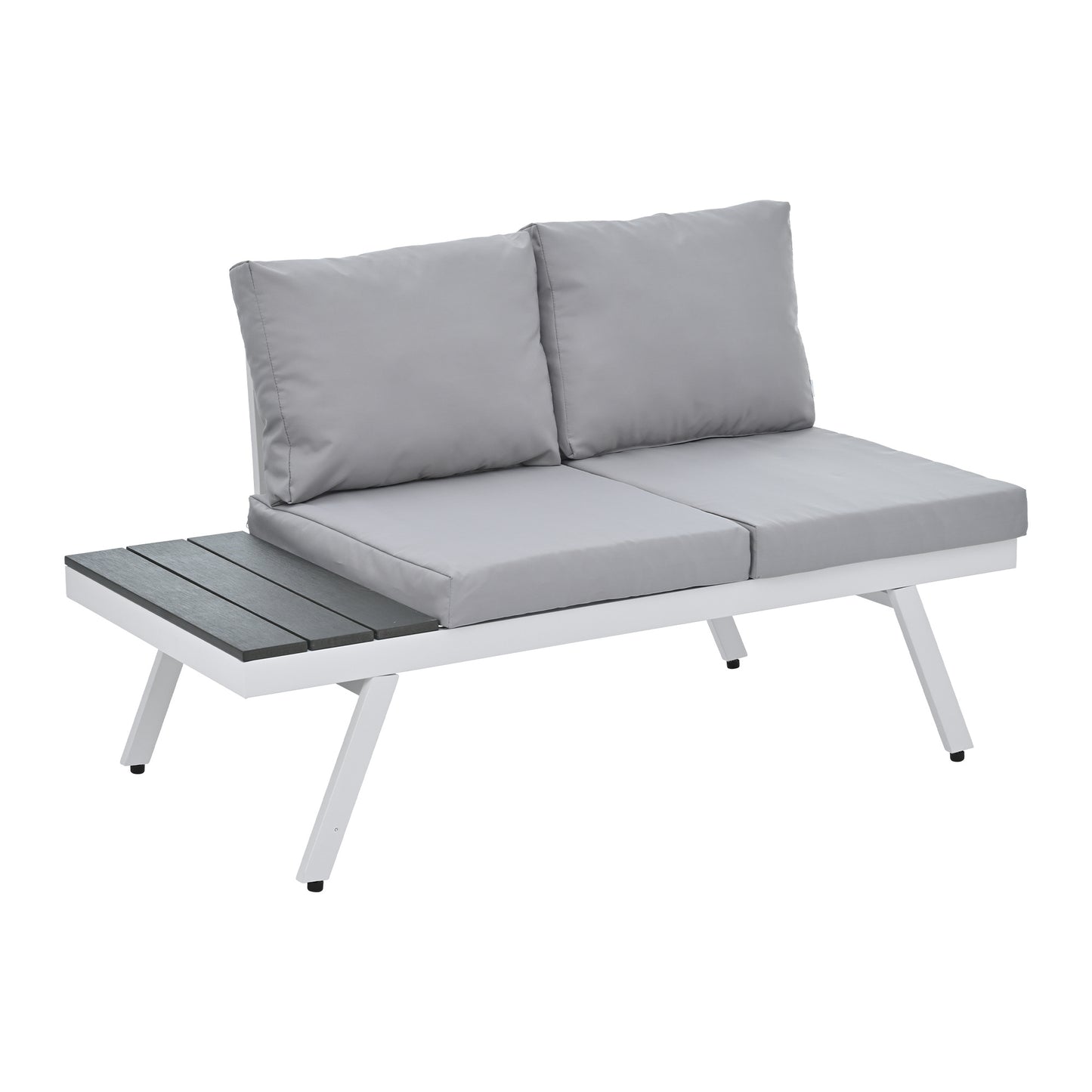 Industrial 5-Piece Aluminum Outdoor Patio Furniture Set; Modern Garden Sectional Sofa Set with End Tables; Coffee Table and Furniture Clips for Backyard; White+Grey