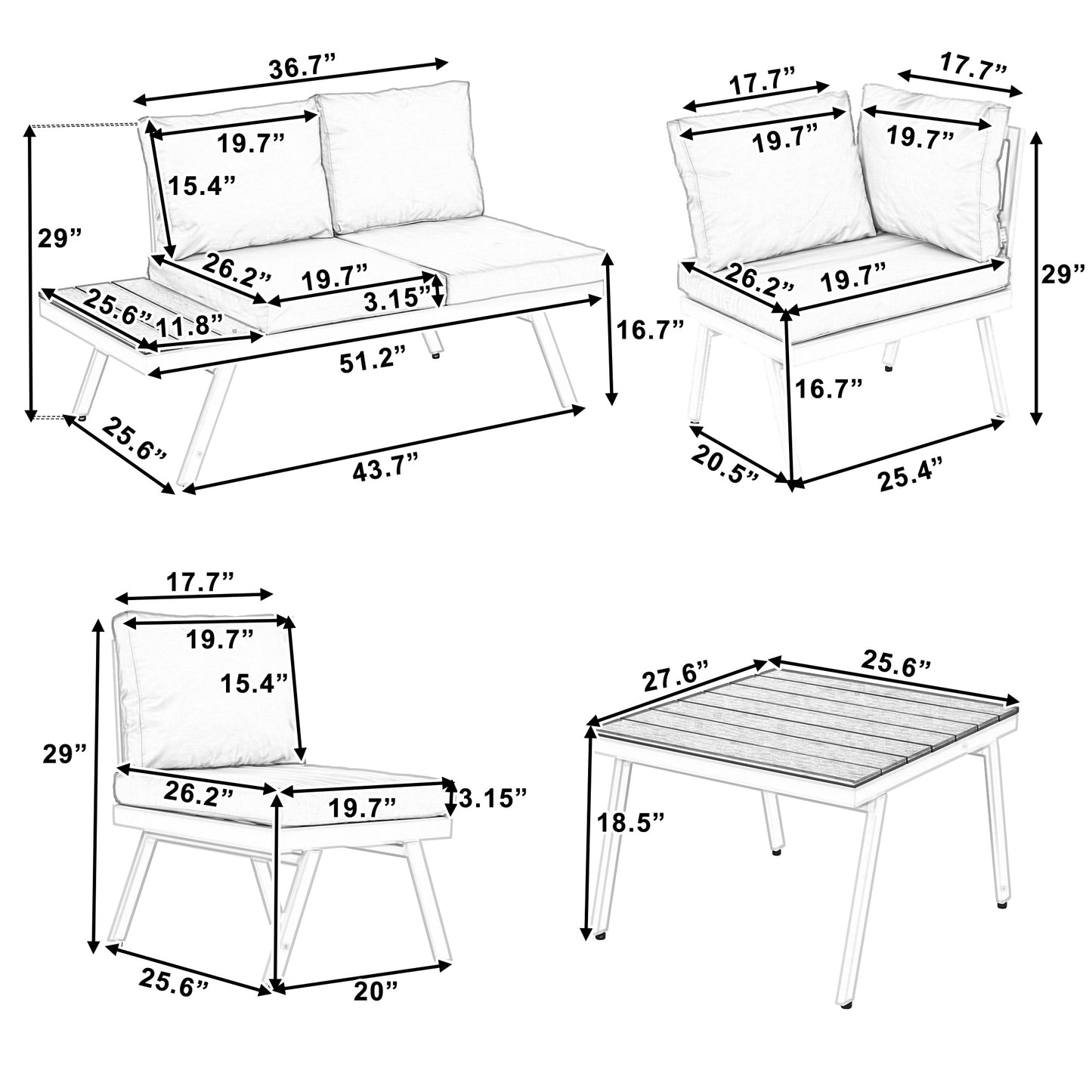 Industrial 5-Piece Aluminum Outdoor Patio Furniture Set; Modern Garden Sectional Sofa Set with End Tables; Coffee Table and Furniture Clips for Backyard; White+Grey