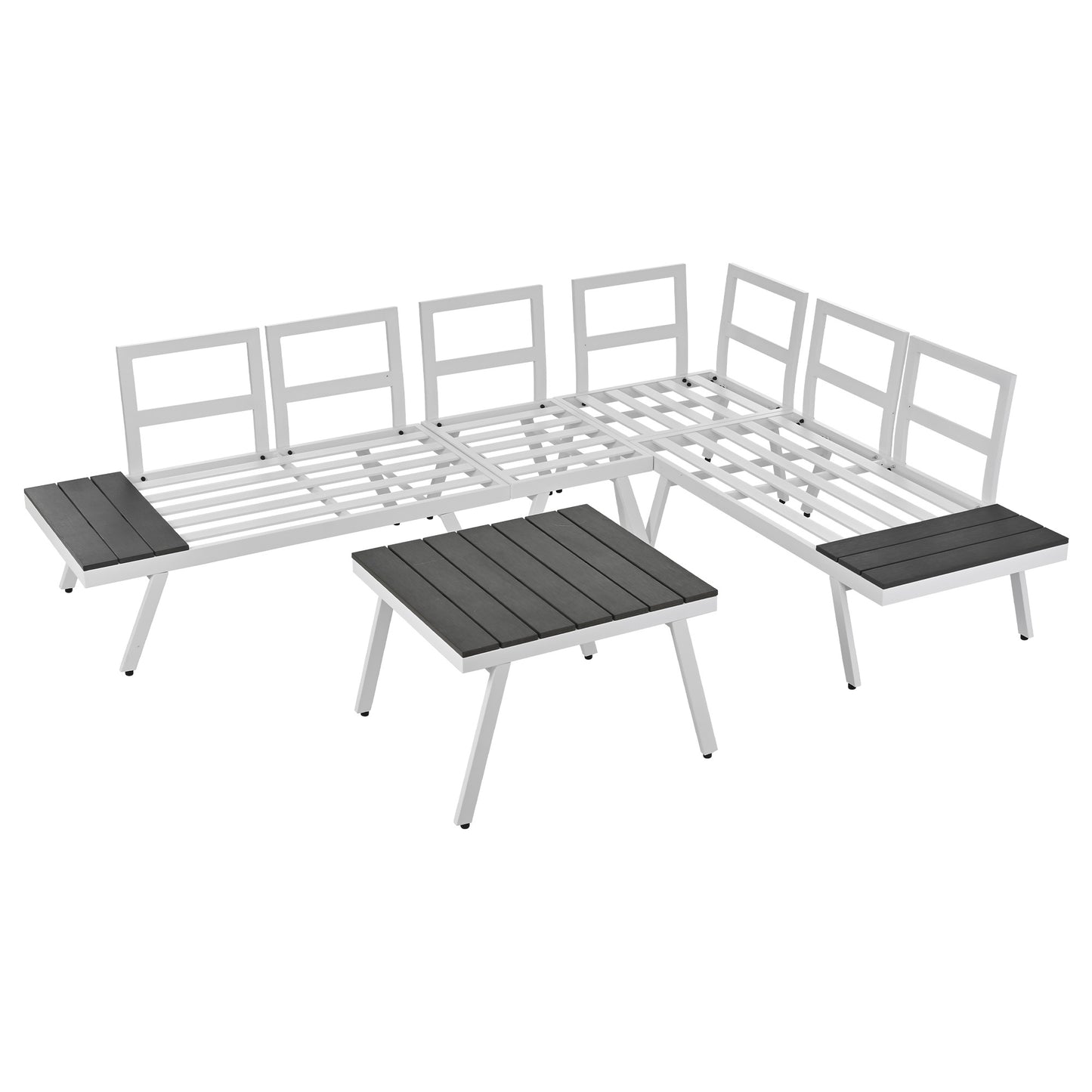Industrial 5-Piece Aluminum Outdoor Patio Furniture Set; Modern Garden Sectional Sofa Set with End Tables; Coffee Table and Furniture Clips for Backyard; White+Grey