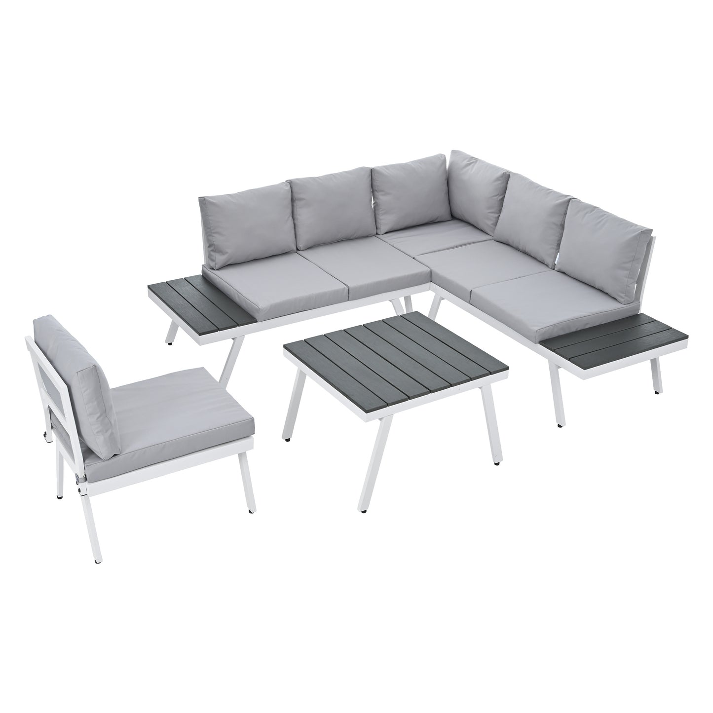 Industrial 5-Piece Aluminum Outdoor Patio Furniture Set; Modern Garden Sectional Sofa Set with End Tables; Coffee Table and Furniture Clips for Backyard; White+Grey