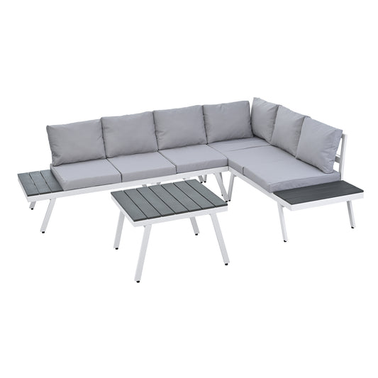 Industrial 5-Piece Aluminum Outdoor Patio Furniture Set; Modern Garden Sectional Sofa Set with End Tables; Coffee Table and Furniture Clips for Backyard; White+Grey