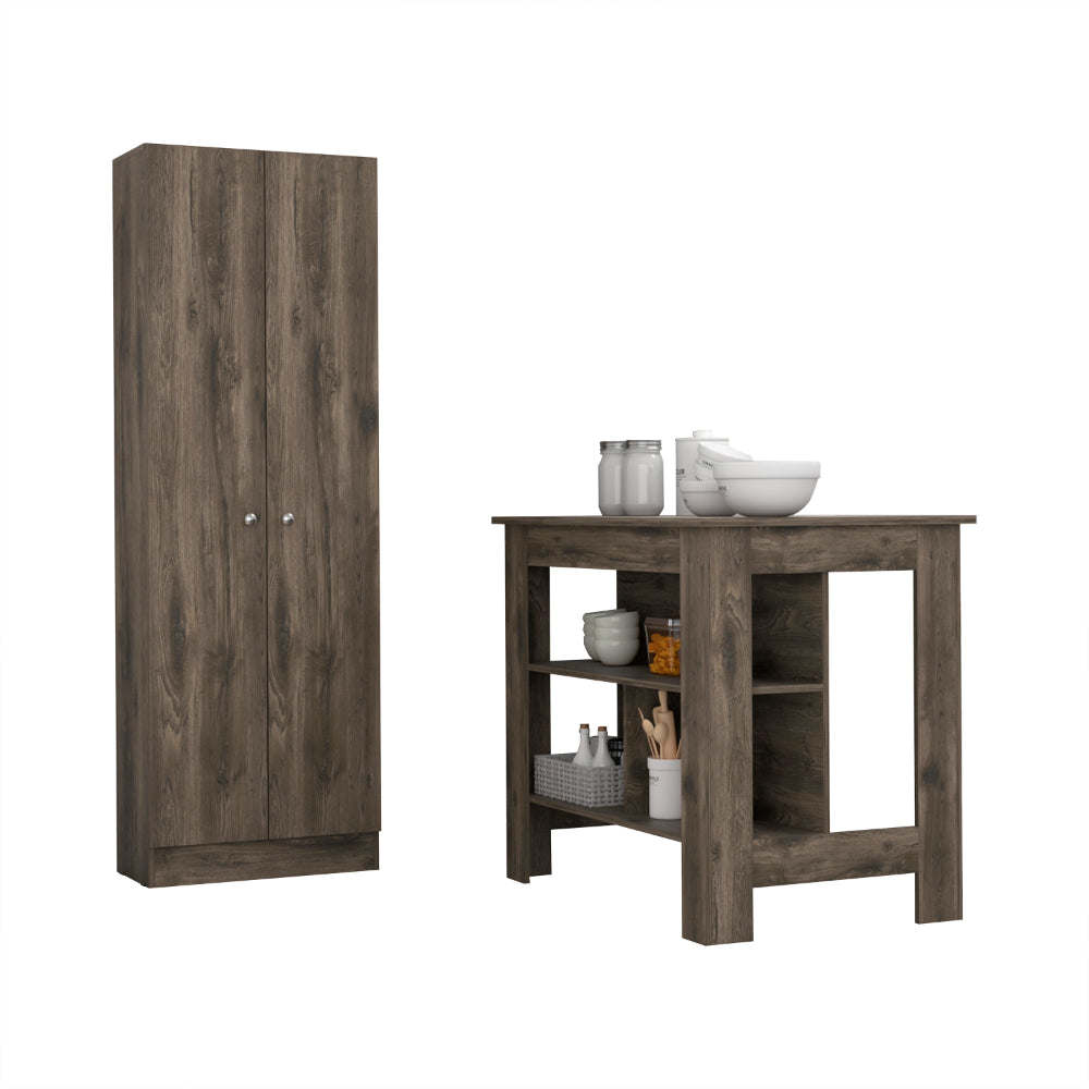 Ottawa 2 Piece Kitchen Set, Kitchen Island + Pantry Cabinet , Dark Brown