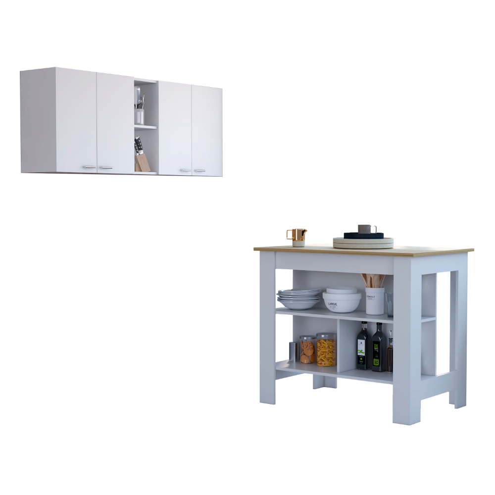 Austin 2 Piece Kitchen Set, Upper Wall Cabinet + Kitchen Island , White /Walnut
