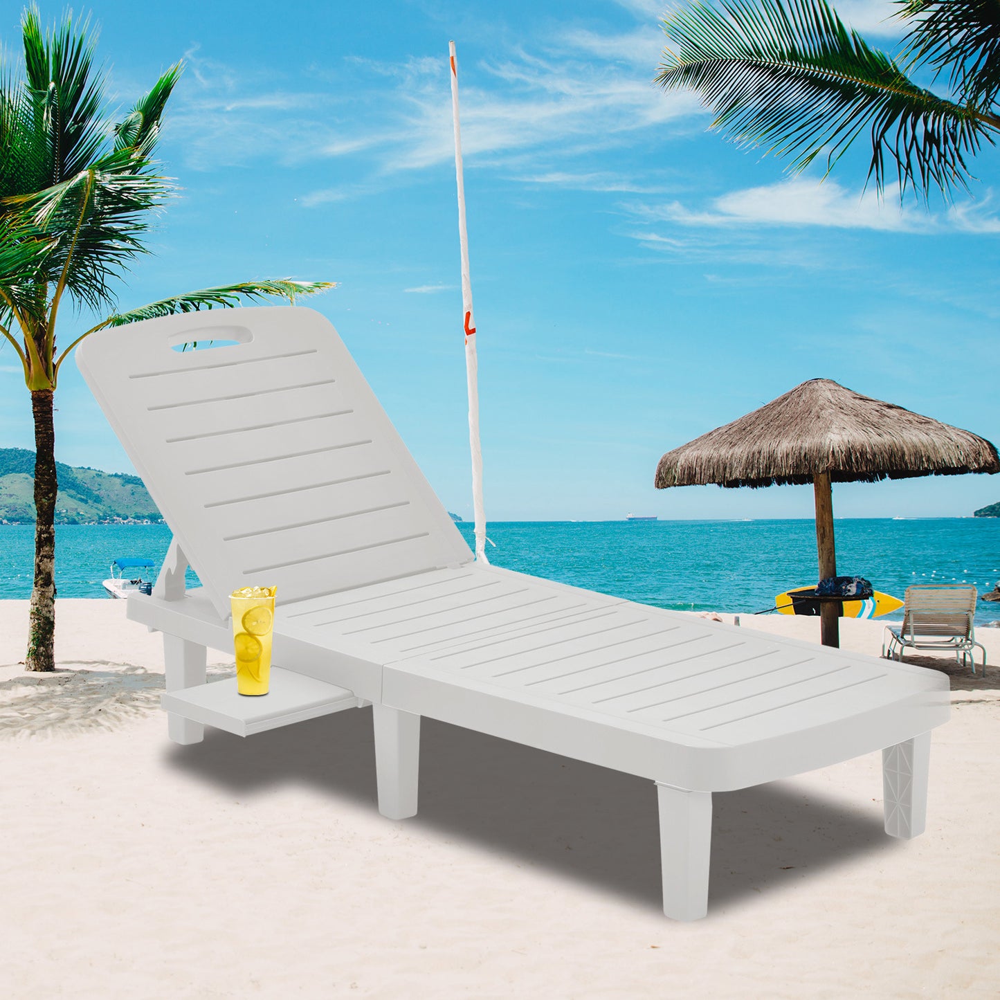 Outdoor Chaise Lounge Lounge Chairs Lying In Bed, Set of 1 for Pool Recliners with Reclining Adjustable Backrest and Side Tray,Outside Plastic Lounge Chairs for Patio Pool Garden Beach (White)