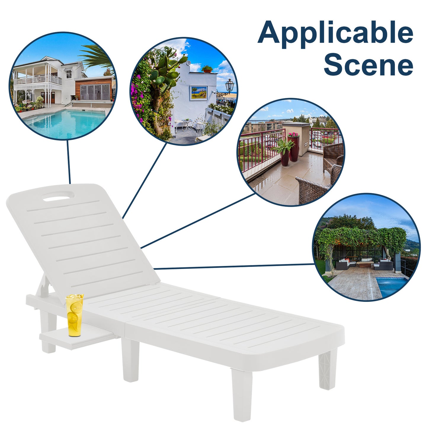 Outdoor Chaise Lounge Lounge Chairs Lying In Bed, Set of 1 for Pool Recliners with Reclining Adjustable Backrest and Side Tray,Outside Plastic Lounge Chairs for Patio Pool Garden Beach (White)