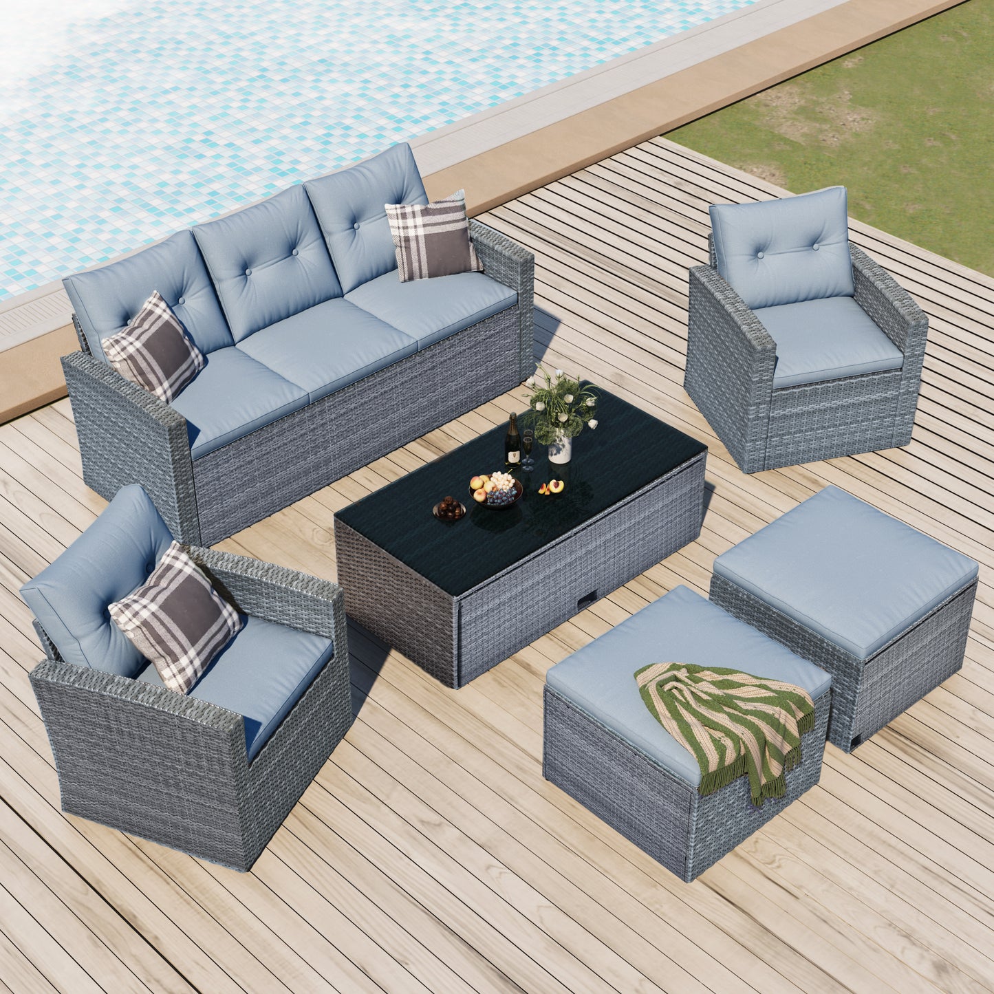 GO 6-piece All-Weather Wicker PE rattan Patio Outdoor Dining Conversation Sectional Set with coffee table, wicker sofas, ottomans, removable cushions (Dark grey wicker, Light grey cushion)
