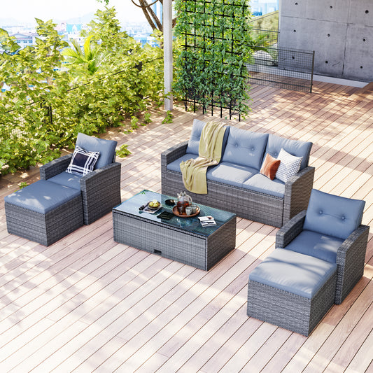 GO 6-piece All-Weather Wicker PE rattan Patio Outdoor Dining Conversation Sectional Set with coffee table, wicker sofas, ottomans, removable cushions (Dark grey wicker, Light grey cushion)
