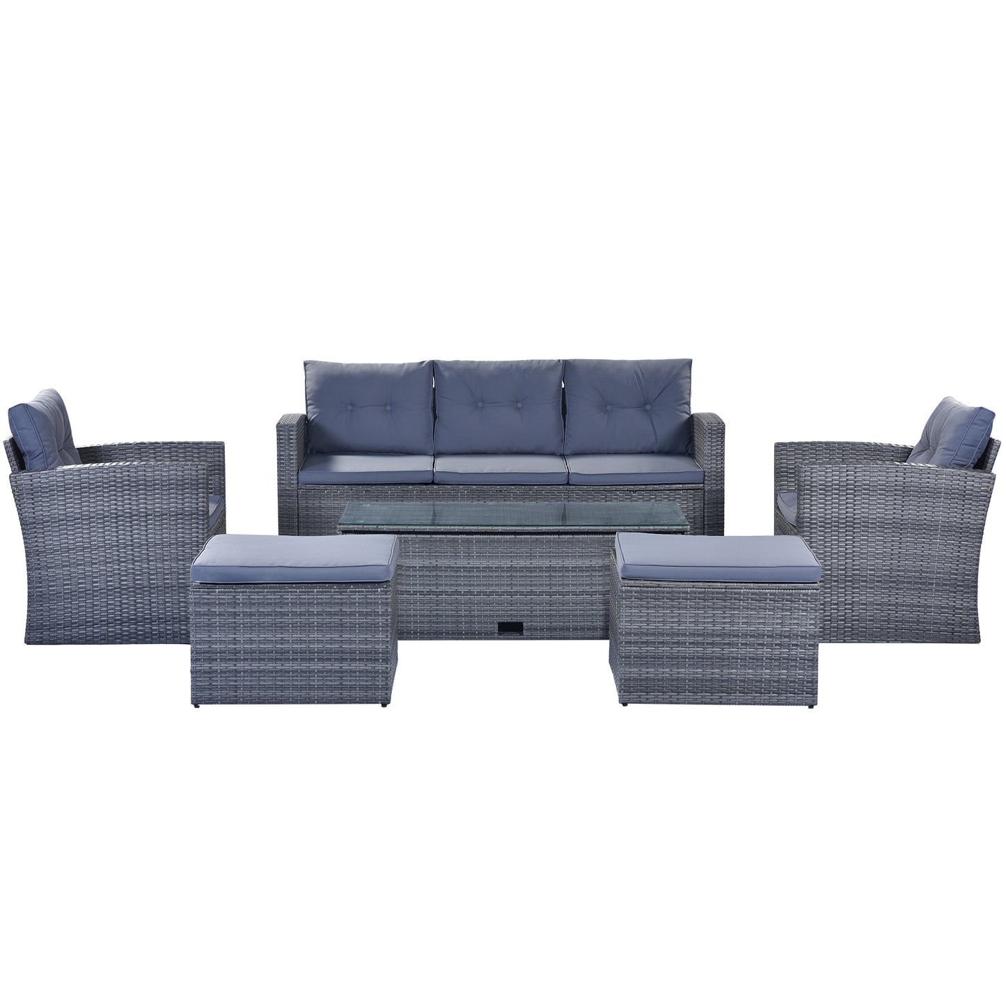 GO 6-piece All-Weather Wicker PE rattan Patio Outdoor Dining Conversation Sectional Set with coffee table, wicker sofas, ottomans, removable cushions (Dark grey wicker, Light grey cushion)