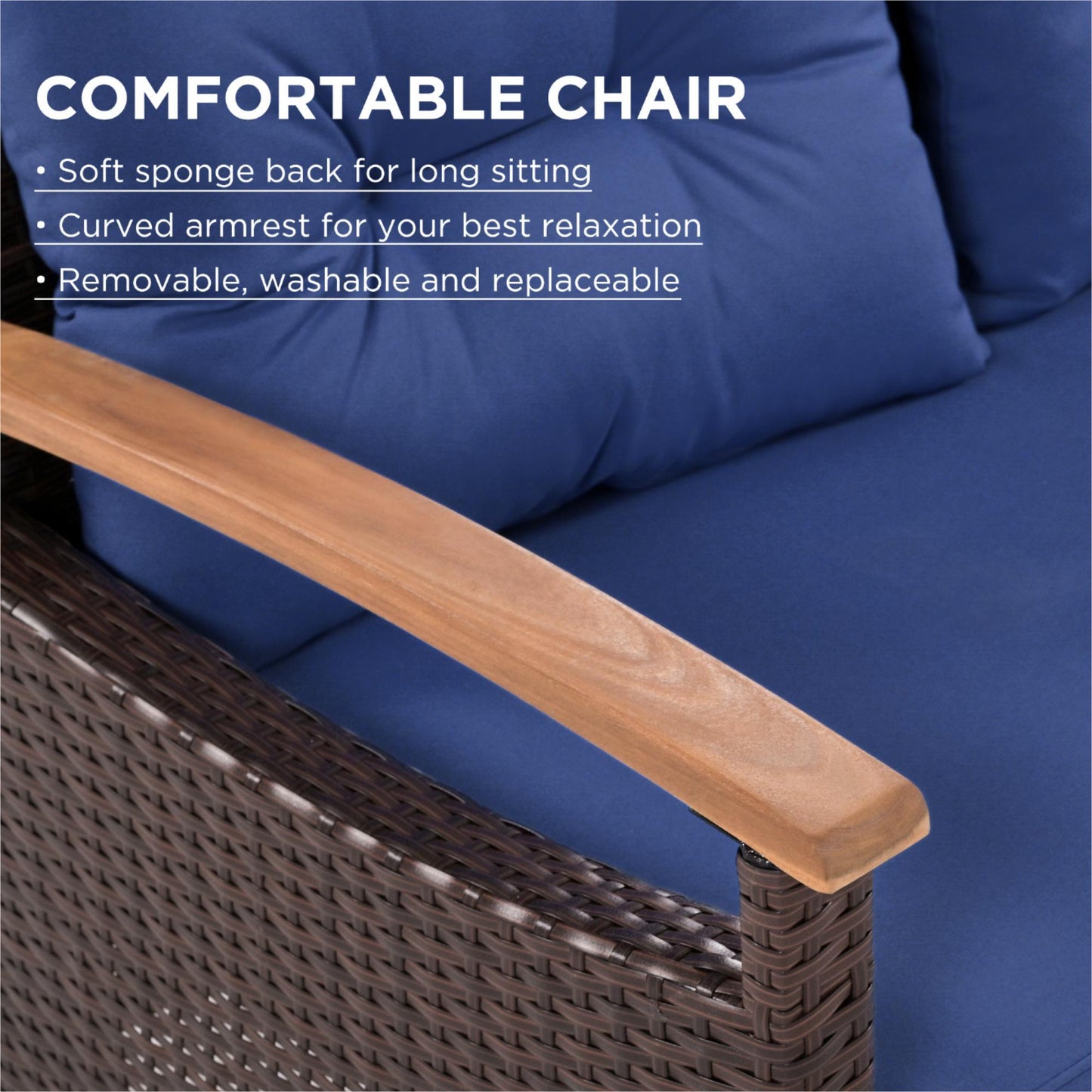 GO 4-Piece Garden Furniture, Patio Seating Set, PE Rattan Outdoor Sofa Set, Wood Table and Legs, Brown and Blue