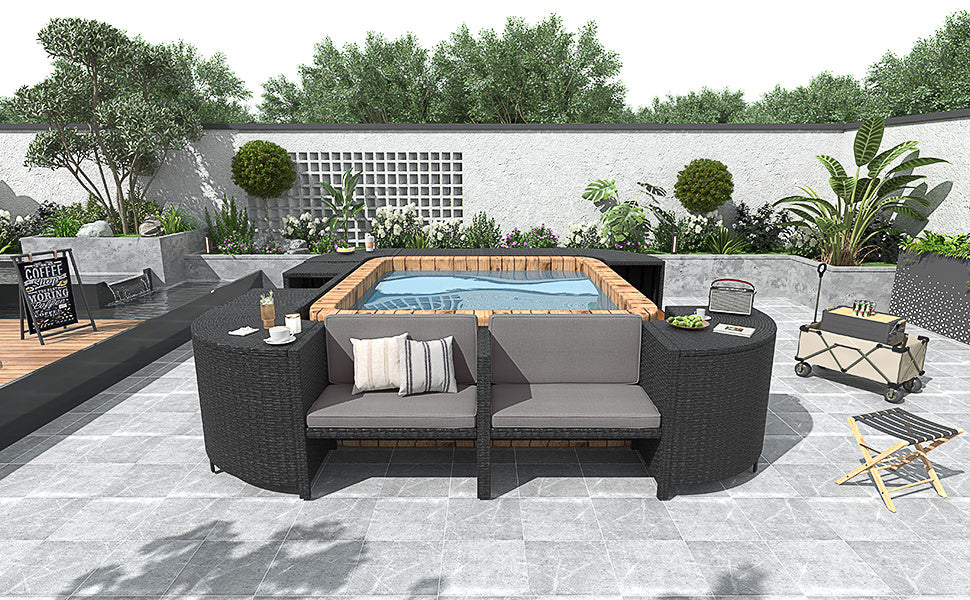 Spa Surround Spa Frame Quadrilateral Outdoor Rattan Sectional Sofa Set with Mini Sofa, Wooden Seats and Storage Spaces, Grey