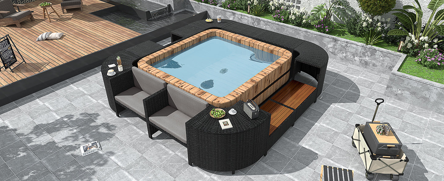 Spa Surround Spa Frame Quadrilateral Outdoor Rattan Sectional Sofa Set with Mini Sofa, Wooden Seats and Storage Spaces, Grey