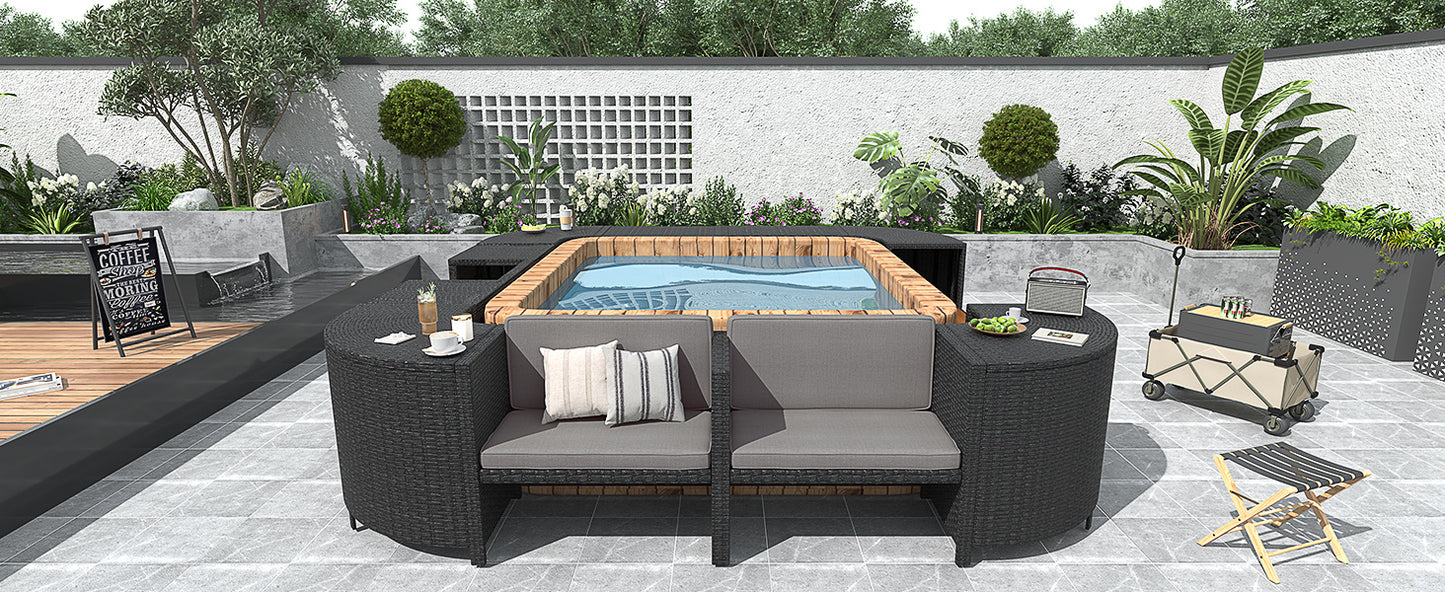 Spa Surround Spa Frame Quadrilateral Outdoor Rattan Sectional Sofa Set with Mini Sofa, Wooden Seats and Storage Spaces, Grey