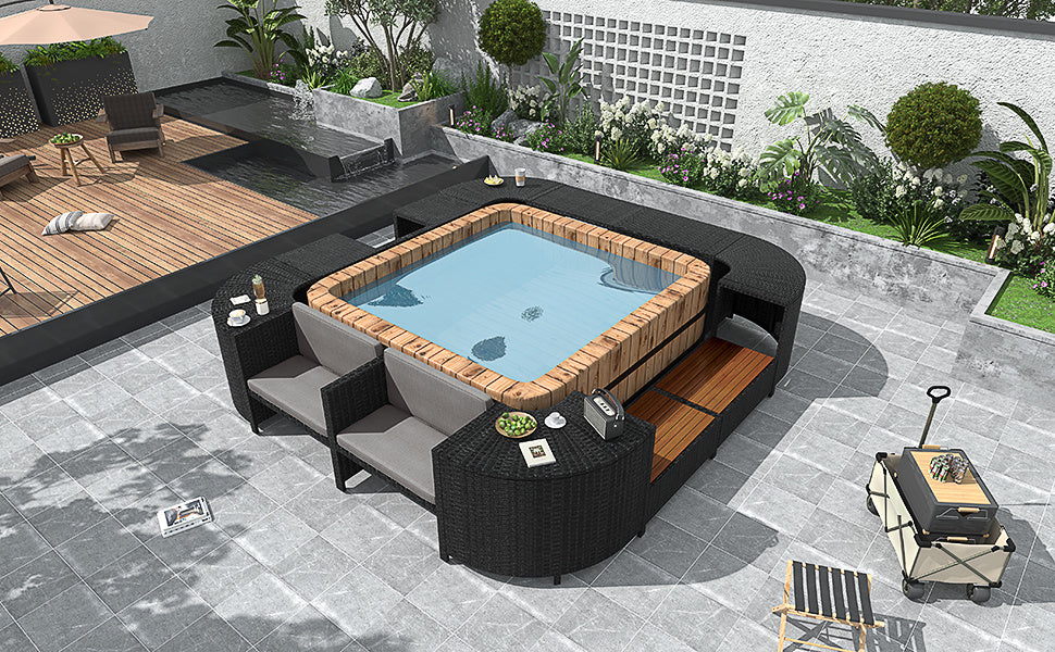 Spa Surround Spa Frame Quadrilateral Outdoor Rattan Sectional Sofa Set with Mini Sofa, Wooden Seats and Storage Spaces, Grey