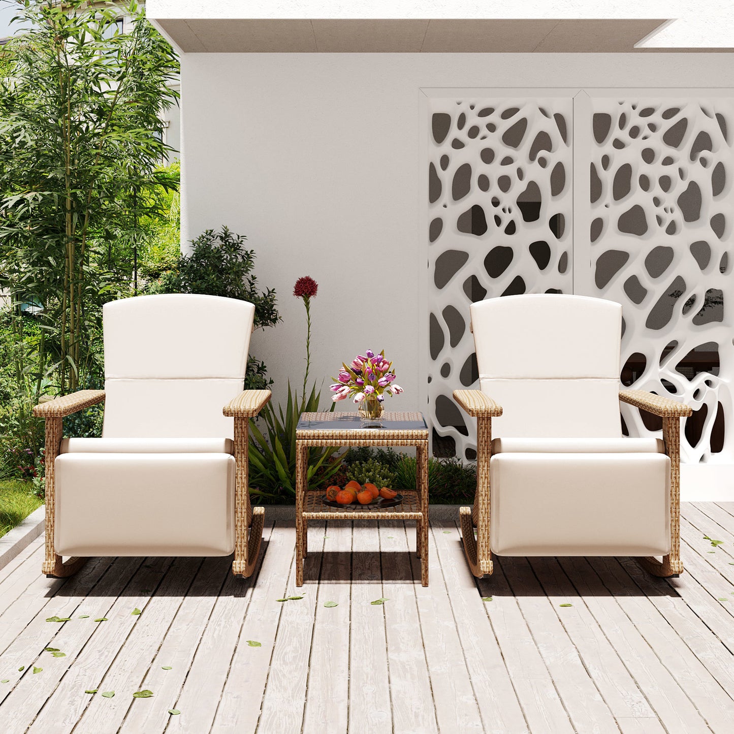 U_Style Adjustable Outdoor Wicker Double Rocking Chair with Coffee Table, Suitable for Backyard, Garden, Poolside.