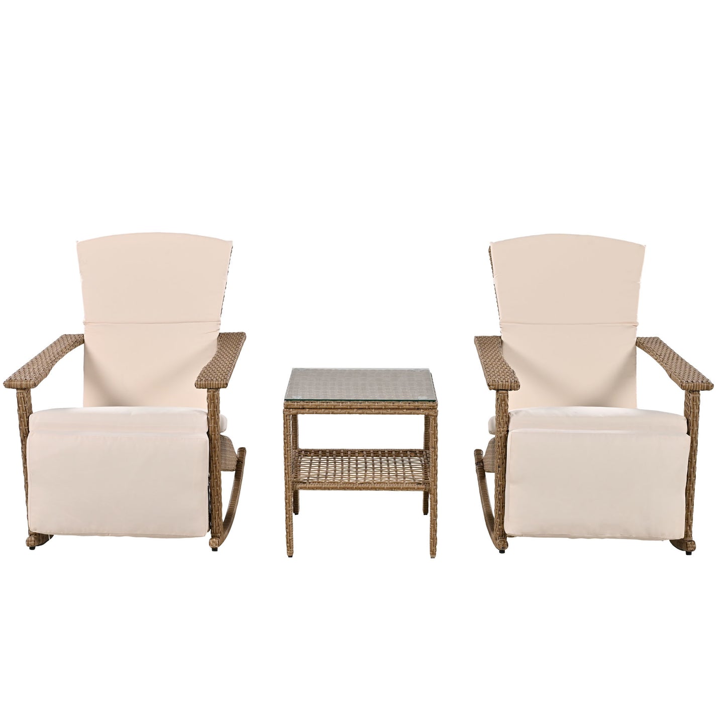 U_Style Adjustable Outdoor Wicker Double Rocking Chair with Coffee Table, Suitable for Backyard, Garden, Poolside.