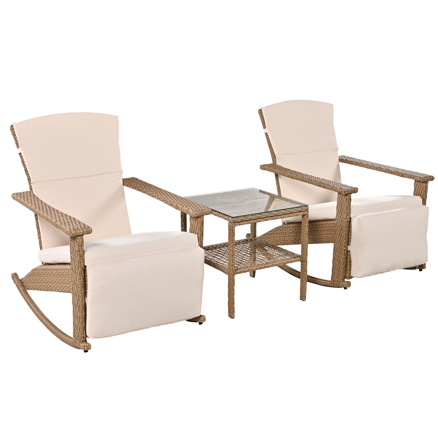 U_Style Adjustable Outdoor Wicker Double Rocking Chair with Coffee Table, Suitable for Backyard, Garden, Poolside.