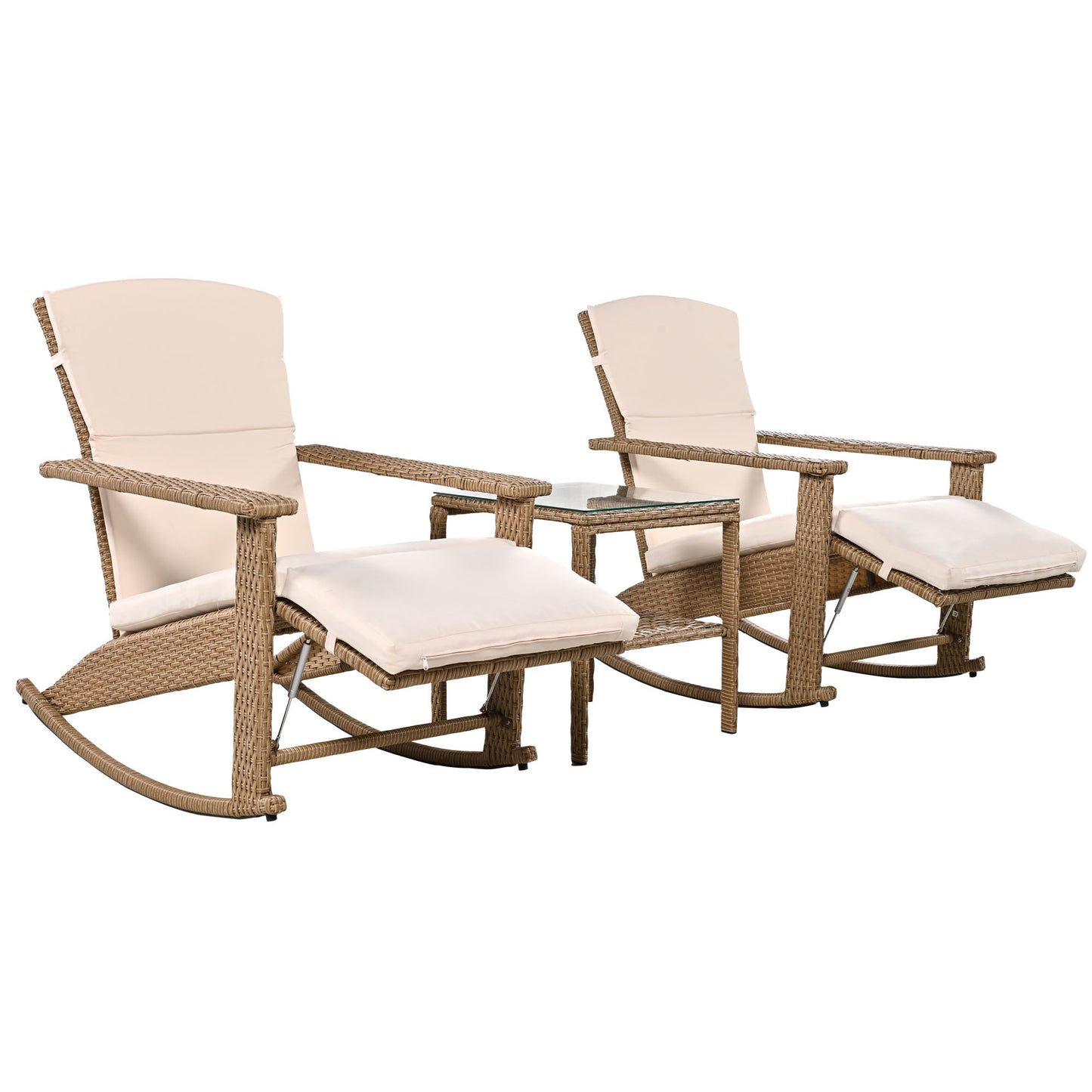 U_Style Adjustable Outdoor Wicker Double Rocking Chair with Coffee Table, Suitable for Backyard, Garden, Poolside.