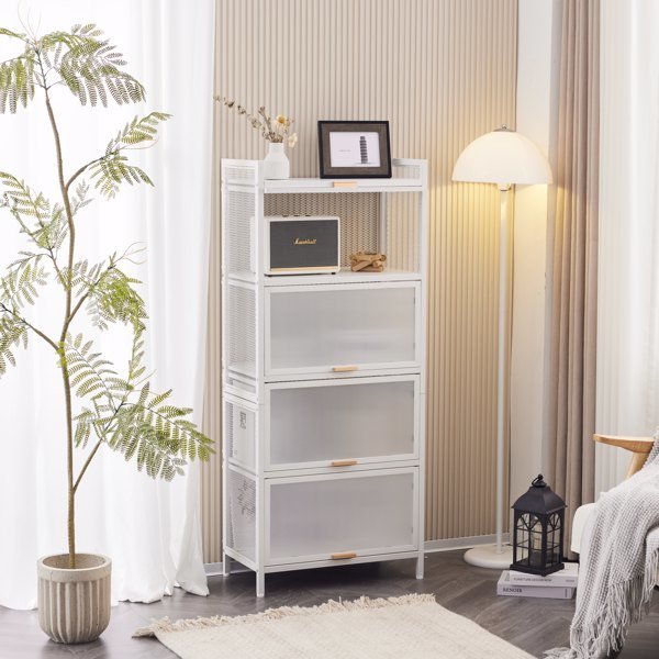 5-layer multifunctional storage cabinet with cabinet door, kitchen bread rack, pantry storage cabinet, microwave rack storage rack, study, living room, bedroom, etc., white