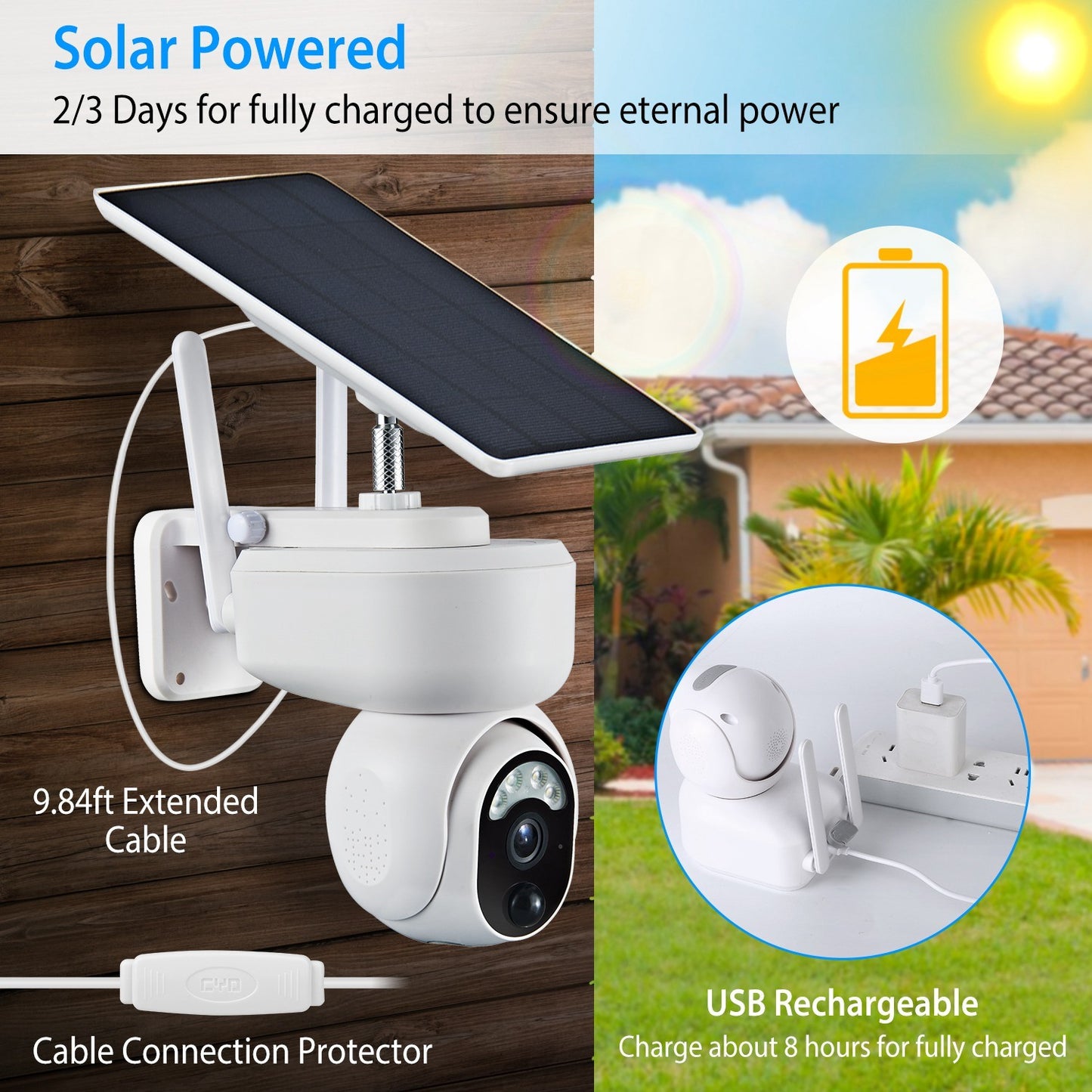 Solar WIFI Security Camera IP66 Waterproof USB Battery Powered 2.4G WiFi Wireless 1080P Surveillance Camera with Flood Light Night Vision Human Detection 2-Way Audio