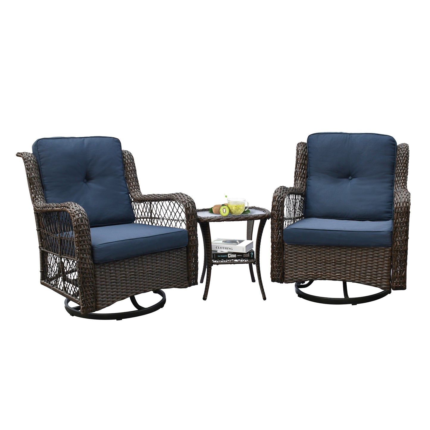 Outdoor Bistro Set 3 Pieces;  Outdoor Resin Wicker Swivel Rocker Patio Chair;  360-Degree Swivel Rocking Chairs and Tempered Glass Top Side Coffee Table;  Outdoor Rattan Conversation Sets