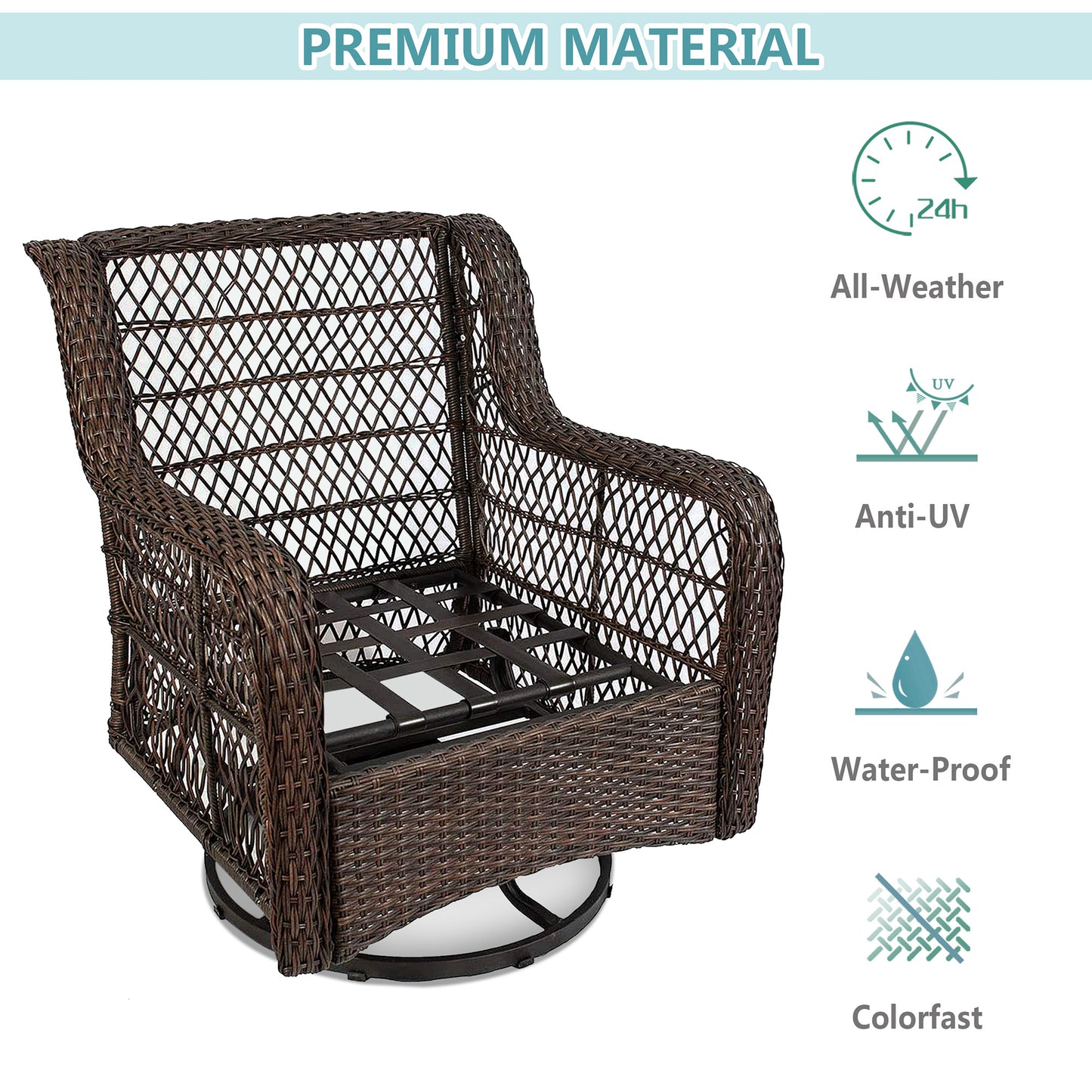 Outdoor Bistro Set 3 Pieces;  Outdoor Resin Wicker Swivel Rocker Patio Chair;  360-Degree Swivel Rocking Chairs and Tempered Glass Top Side Coffee Table;  Outdoor Rattan Conversation Sets