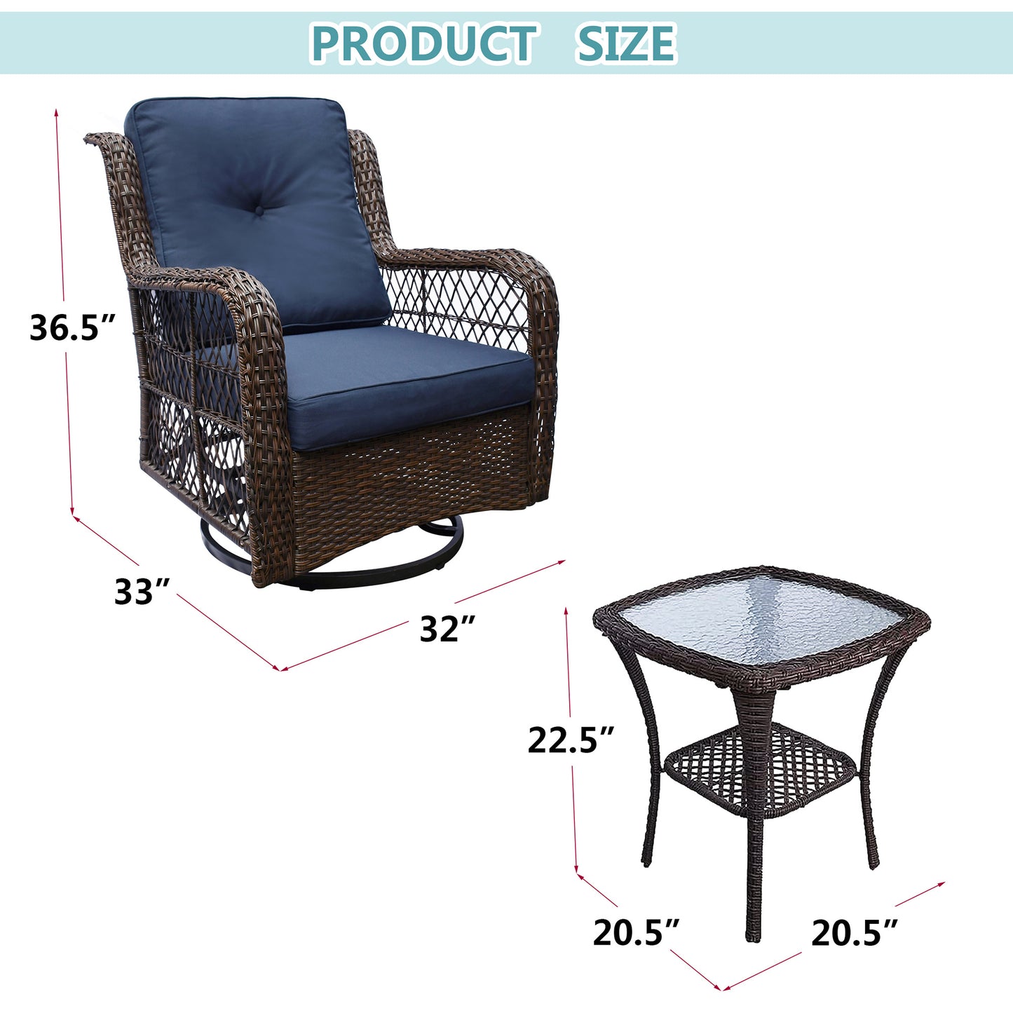 Outdoor Bistro Set 3 Pieces;  Outdoor Resin Wicker Swivel Rocker Patio Chair;  360-Degree Swivel Rocking Chairs and Tempered Glass Top Side Coffee Table;  Outdoor Rattan Conversation Sets